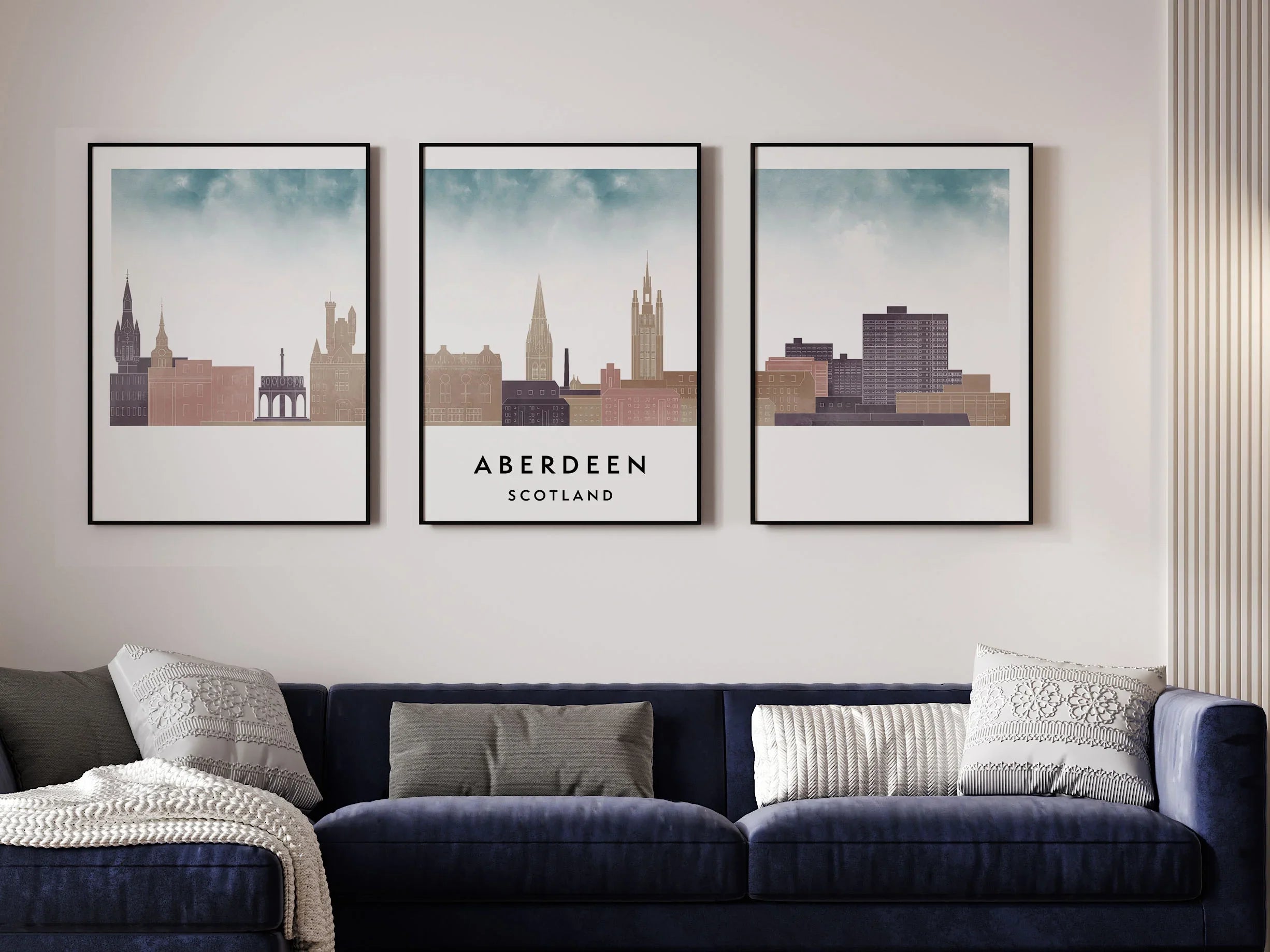 Aberdeen Silhouette Triptych in Watercolor Style, Aberdeen Skyline Poster, Aberdeen Set of 3 Posters, Watercolor style