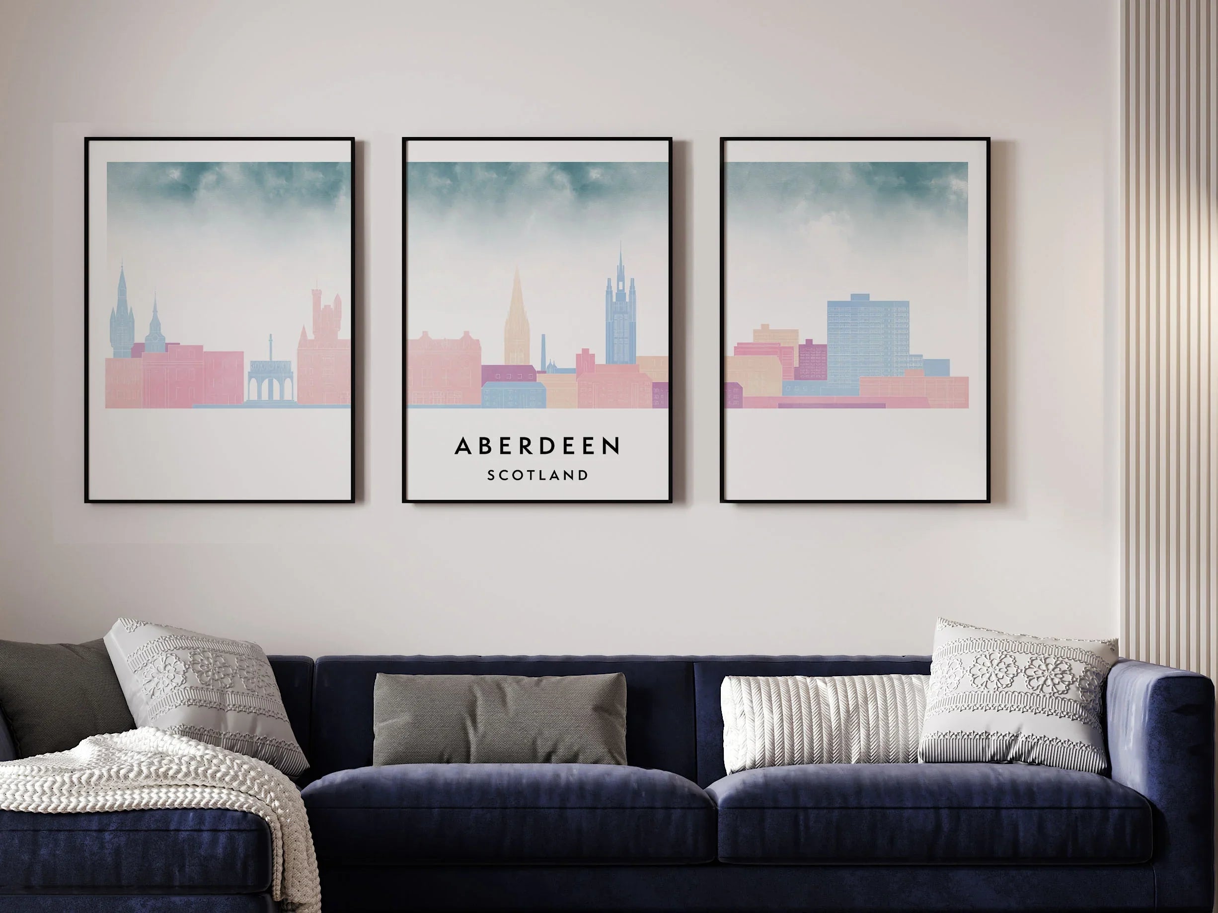 Aberdeen Silhouette Triptych in Watercolor Style, Aberdeen Skyline Poster, Aberdeen Set of 3 Posters, Watercolor style