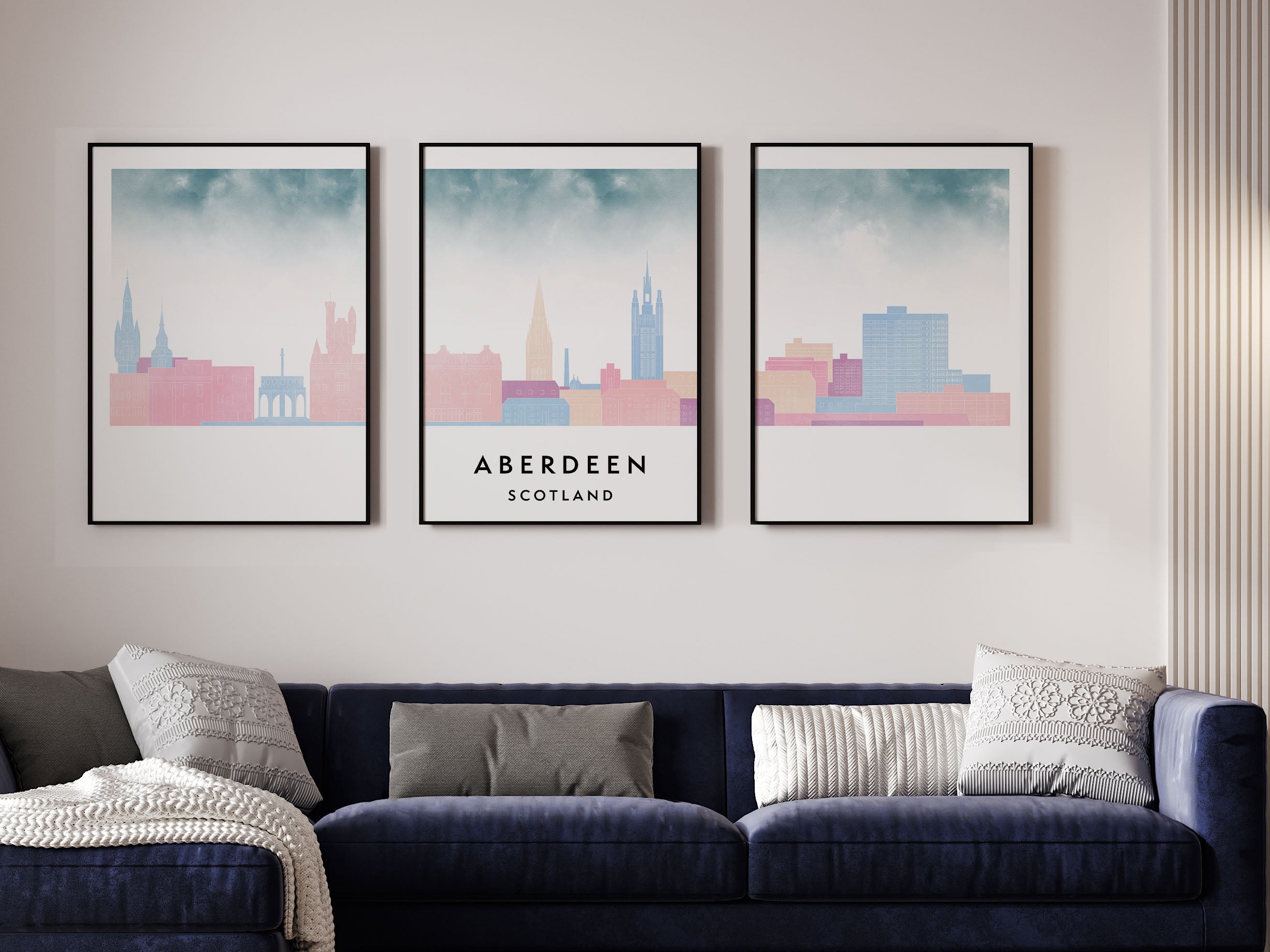 Aberdeen Silhouette Triptych in Watercolor Style, Aberdeen Skyline Poster, Aberdeen Set of 3 Posters, Watercolor style