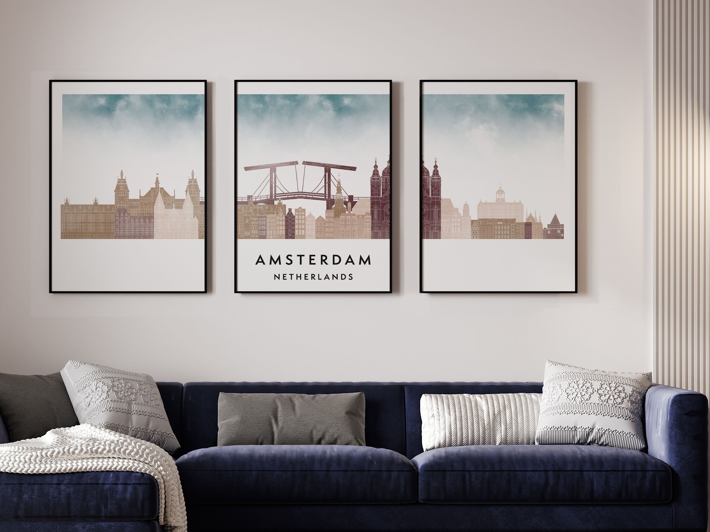 Amsterdam Silhouette Triptych in Watercolor Style, Amsterdam Skyline Poster, Amsterdam Set of 3 Posters, Watercolor style