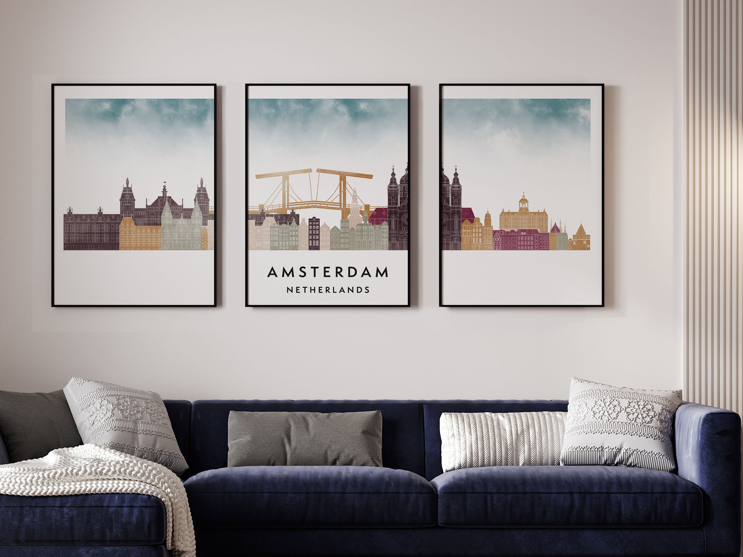 Amsterdam Silhouette Triptych in Watercolor Style, Amsterdam Skyline Poster, Amsterdam Set of 3 Posters