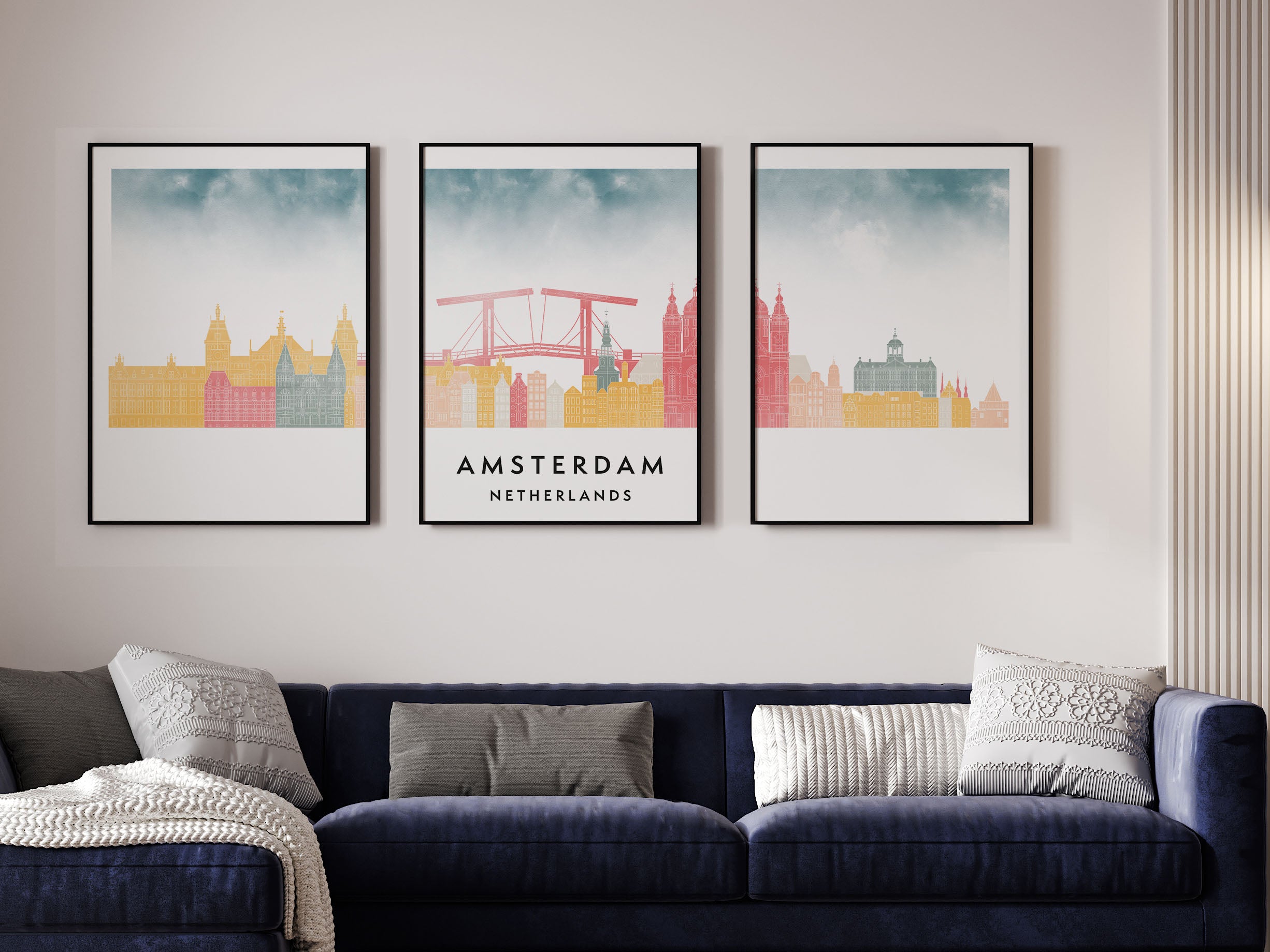 Amsterdam Silhouette Triptych in Watercolor Style, Amsterdam Skyline Poster, Amsterdam Set of 3 Posters, Watercolor style