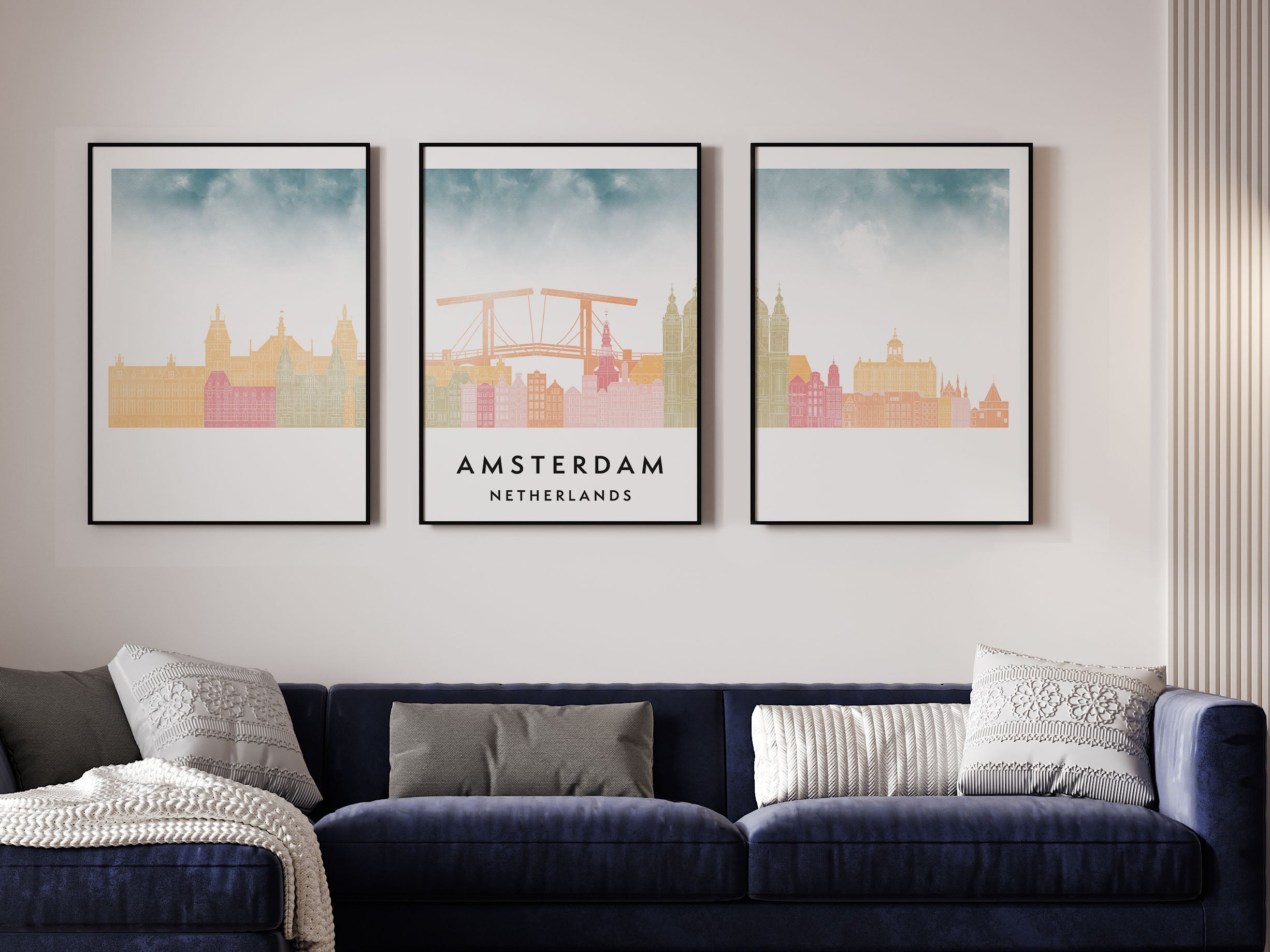 Amsterdam Silhouette Triptych in Watercolor Style, Amsterdam Skyline Poster, Amsterdam Set of 3 Posters, Watercolor style