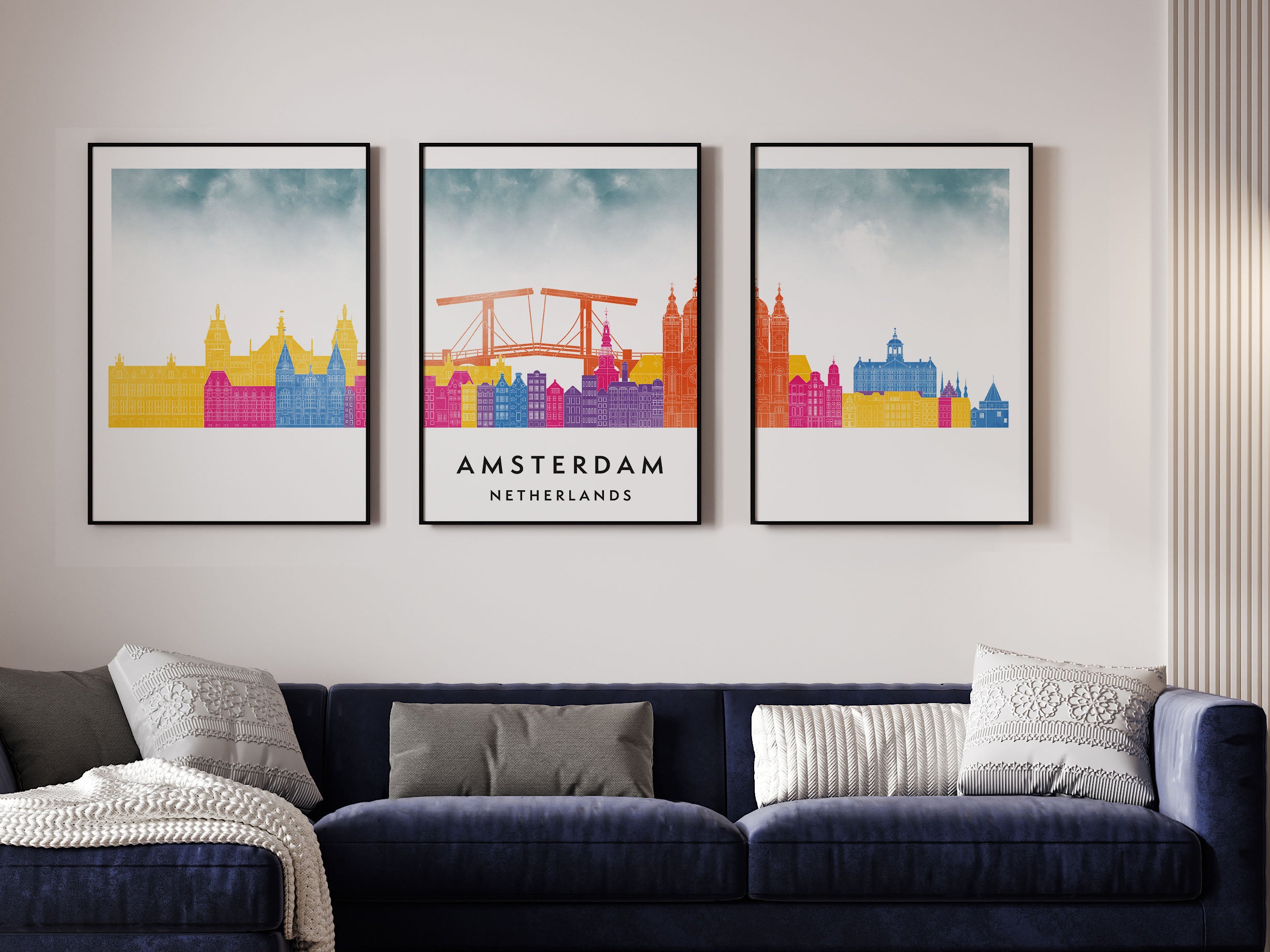 Amsterdam Silhouette Triptych in Watercolor Style, Amsterdam Skyline Poster, Amsterdam Set of 3 Posters