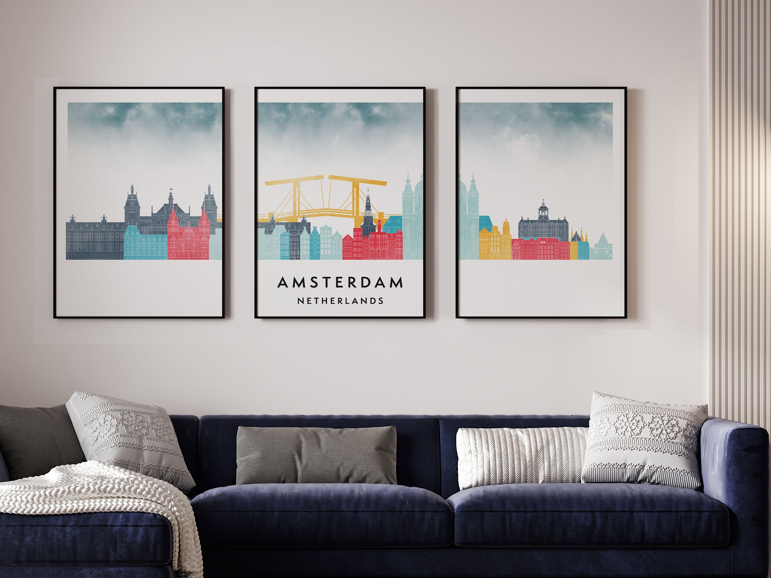Amsterdam Silhouette Triptych in Watercolor Style, Amsterdam Skyline Poster, Amsterdam Set of 3 Posters, Watercolor style