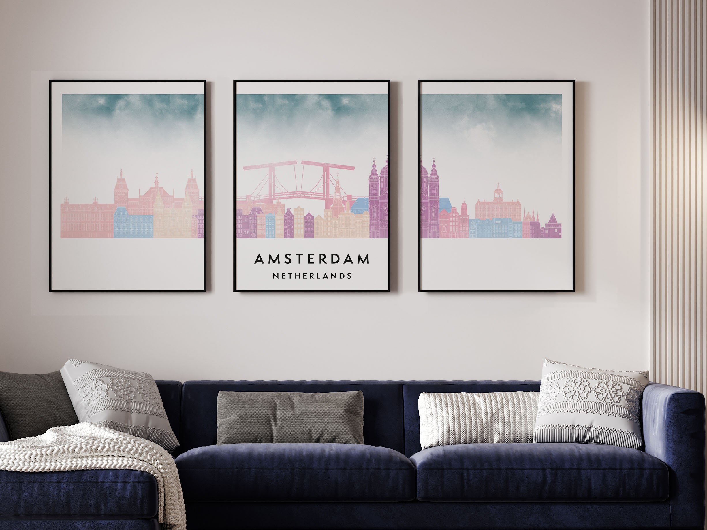 Amsterdam Silhouette Triptych in Watercolor Style, Amsterdam Skyline Poster, Amsterdam Set of 3 Posters, Watercolor style