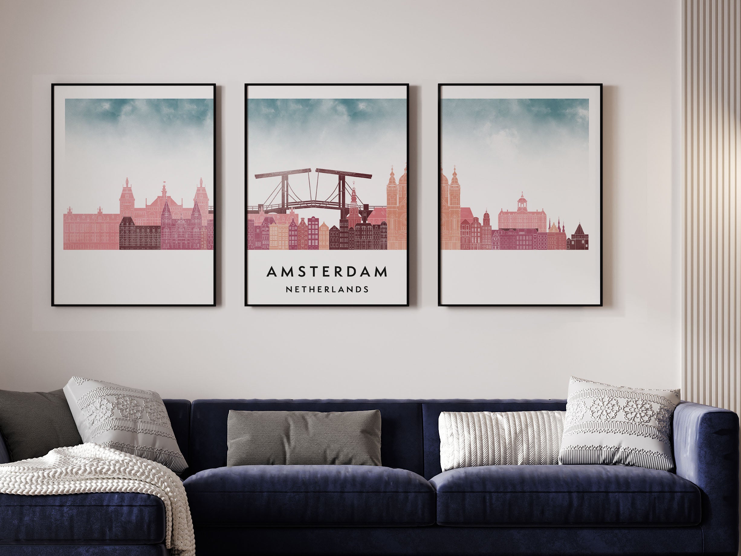 Amsterdam Silhouette Triptych in Watercolor Style, Amsterdam Skyline Poster, Amsterdam Set of 3 Posters, Watercolor style