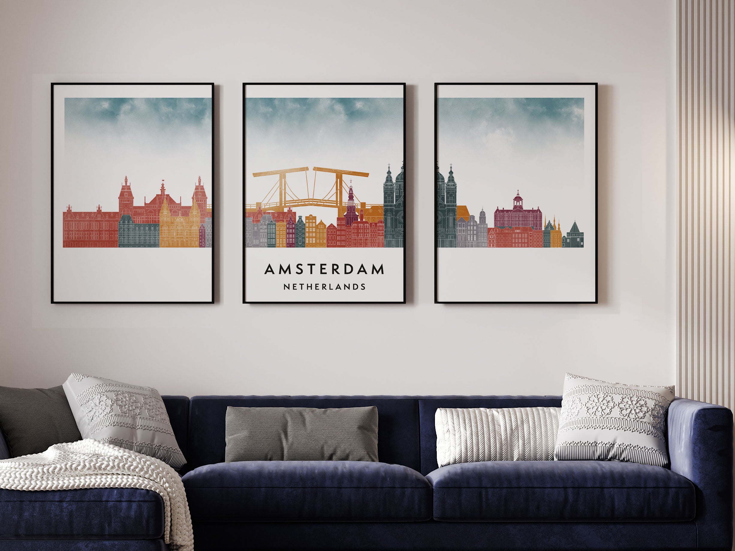 Amsterdam Silhouette Triptych in Watercolor Style, Amsterdam Skyline Poster, Amsterdam Set of 3 Posters, Watercolor style