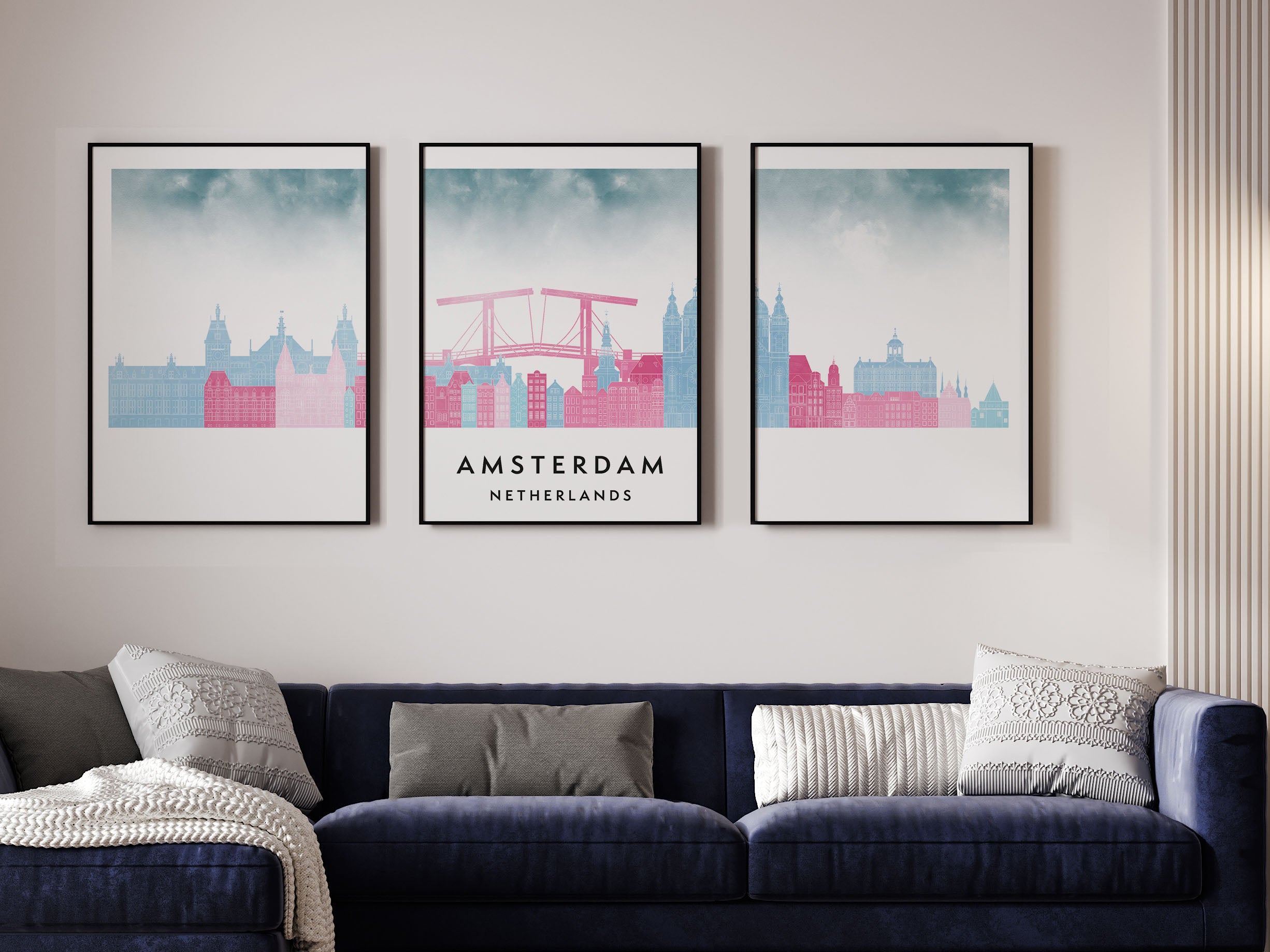 Amsterdam Silhouette Triptych in Watercolor Style, Amsterdam Skyline Poster, Amsterdam Set of 3 Posters, Watercolor style