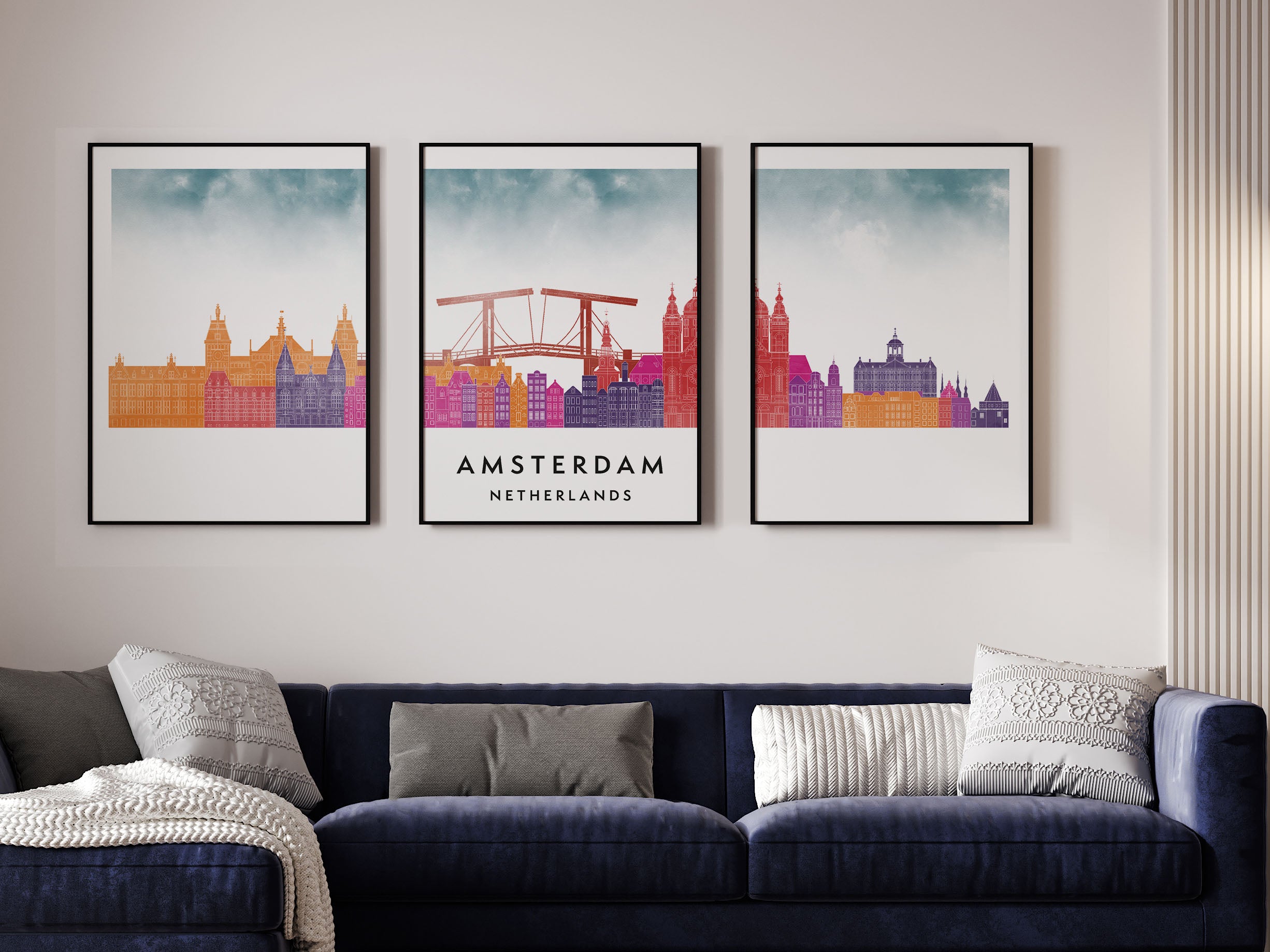 Amsterdam Silhouette Triptych in Watercolor Style, Amsterdam Skyline Poster, Amsterdam Set of 3 Posters, Watercolor style