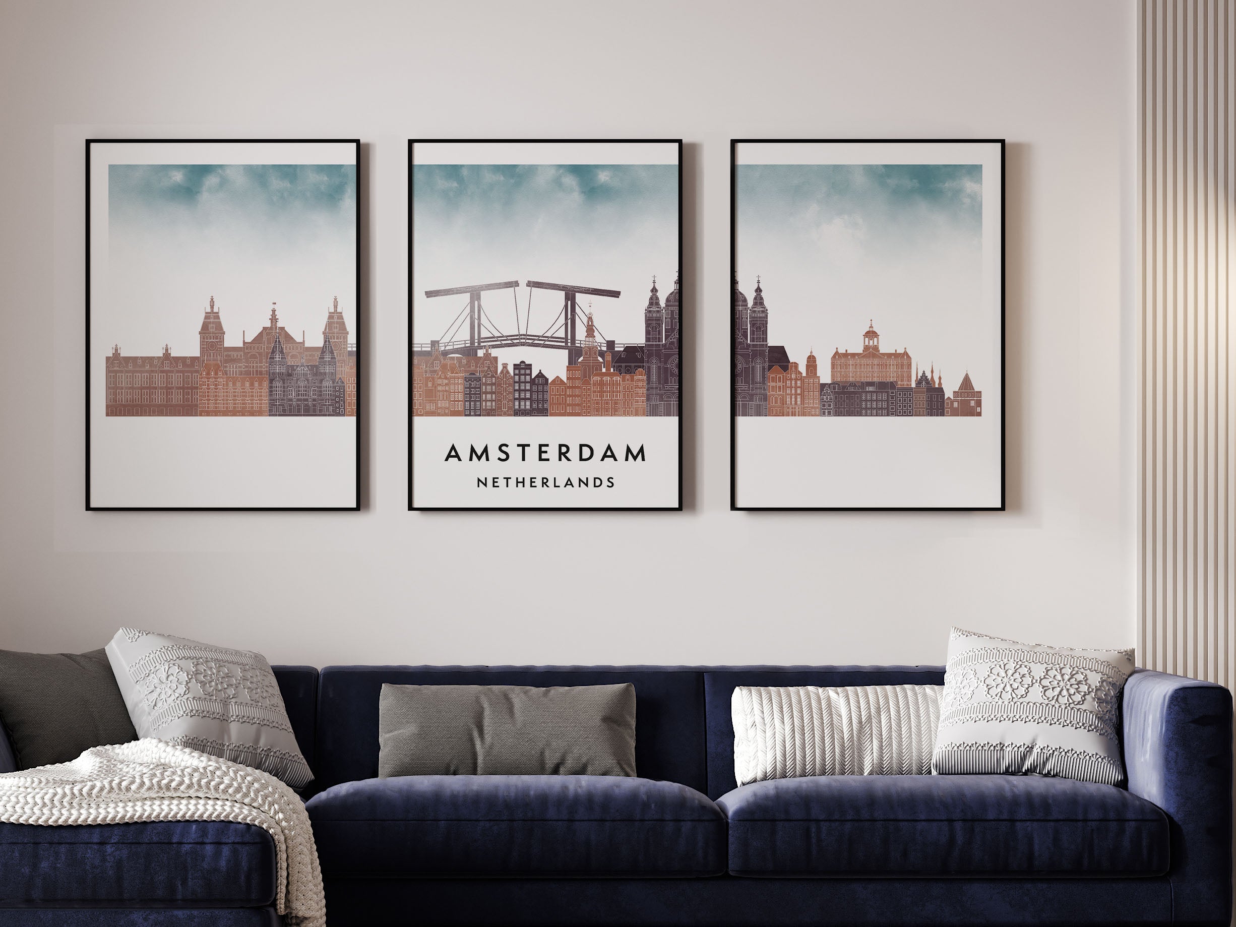 Amsterdam Silhouette Triptych in Watercolor Style, Amsterdam Skyline Poster, Amsterdam Set of 3 Posters