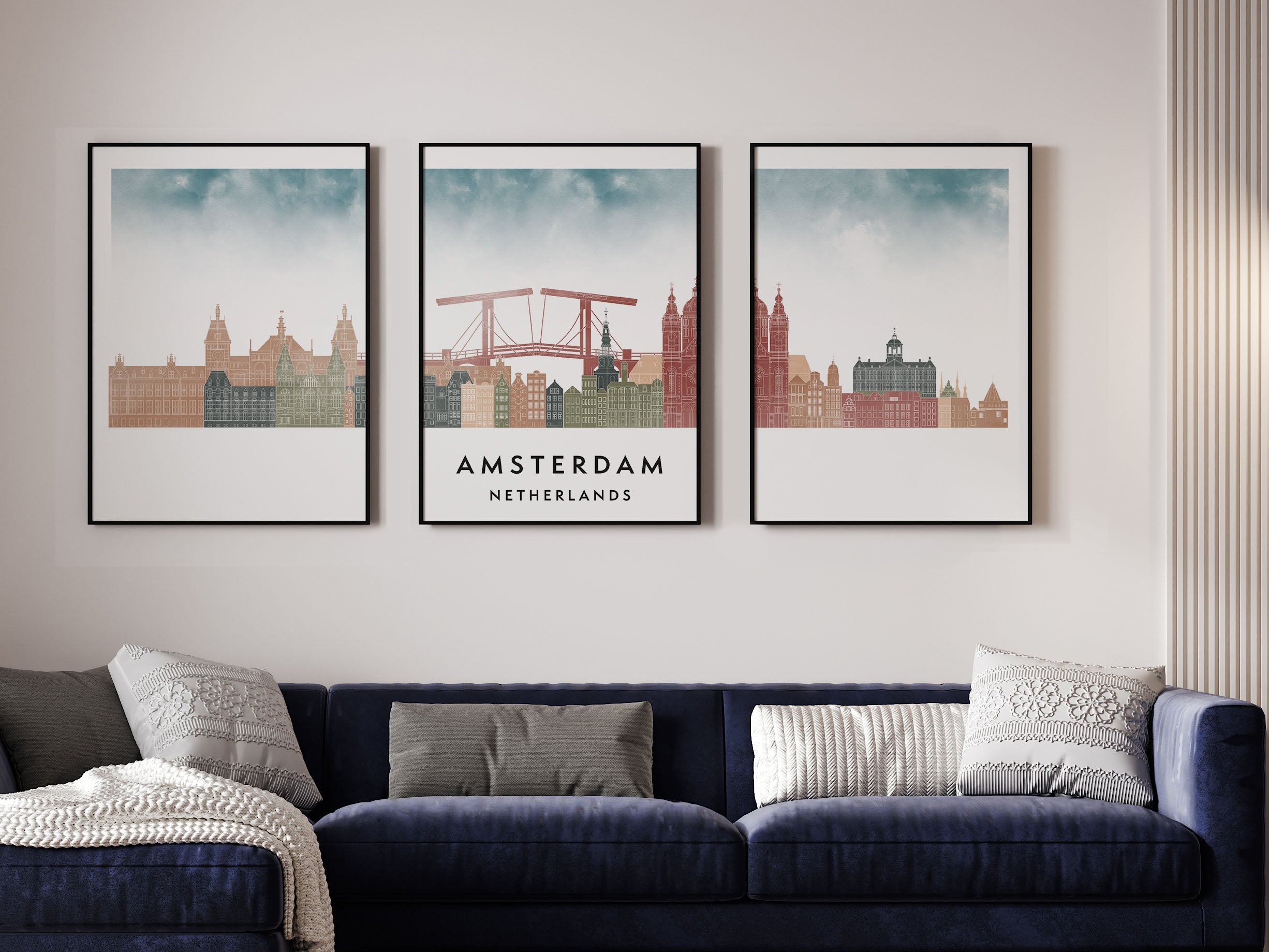 Amsterdam Silhouette Triptych in Watercolor Style, Amsterdam Skyline Poster, Amsterdam Set of 3 Posters, Watercolor style