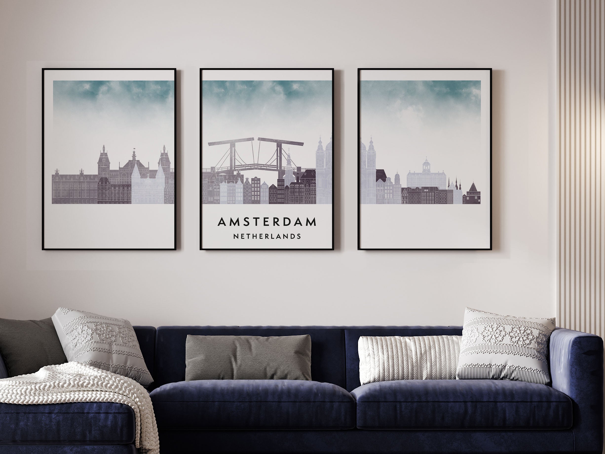 Amsterdam Silhouette Triptych in Watercolor Style, Amsterdam Skyline Poster, Amsterdam Set of 3 Posters, Watercolor style