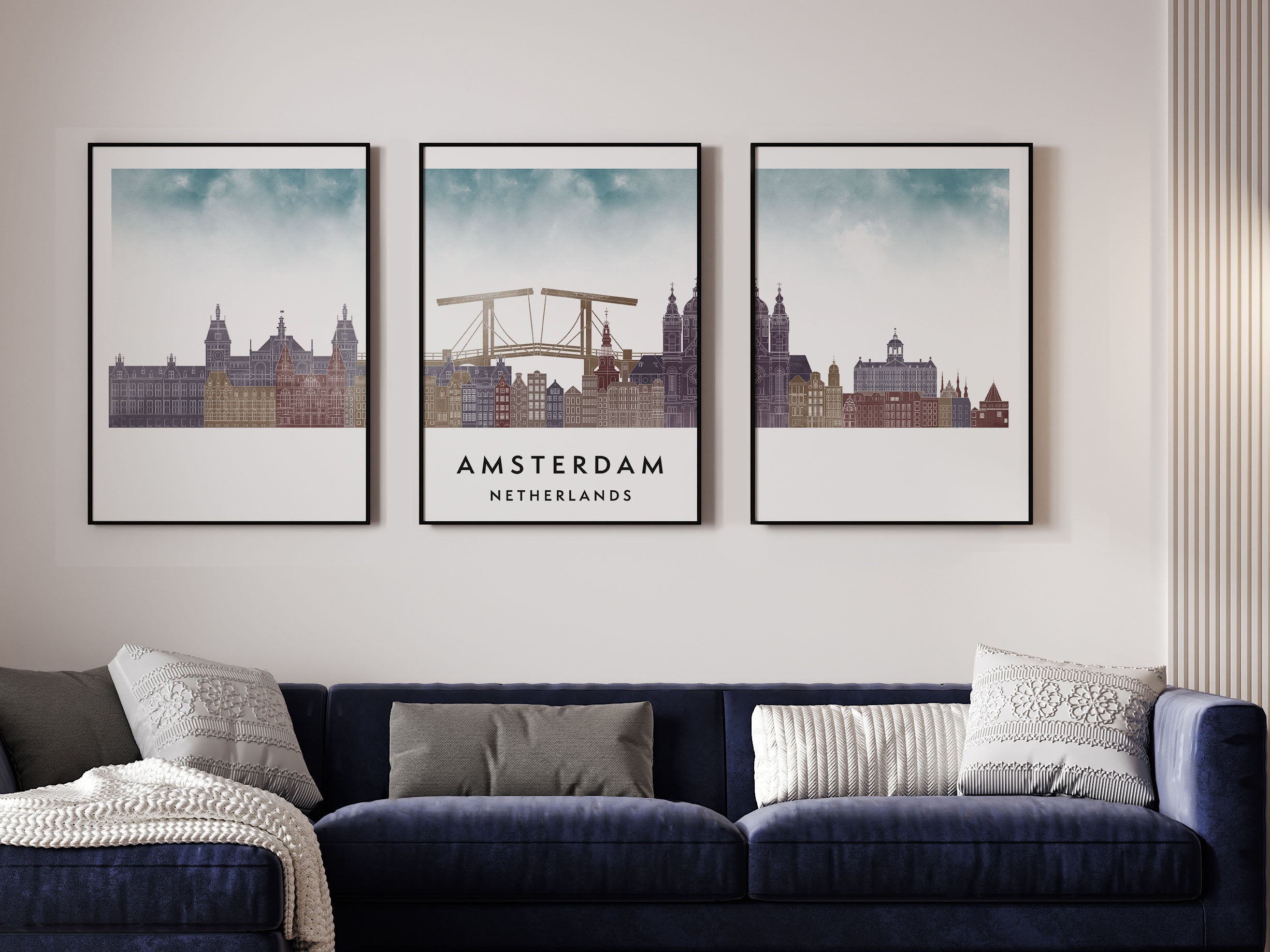 Amsterdam Silhouette Triptych in Watercolor Style, Amsterdam Skyline Poster, Amsterdam Set of 3 Posters, Watercolor style