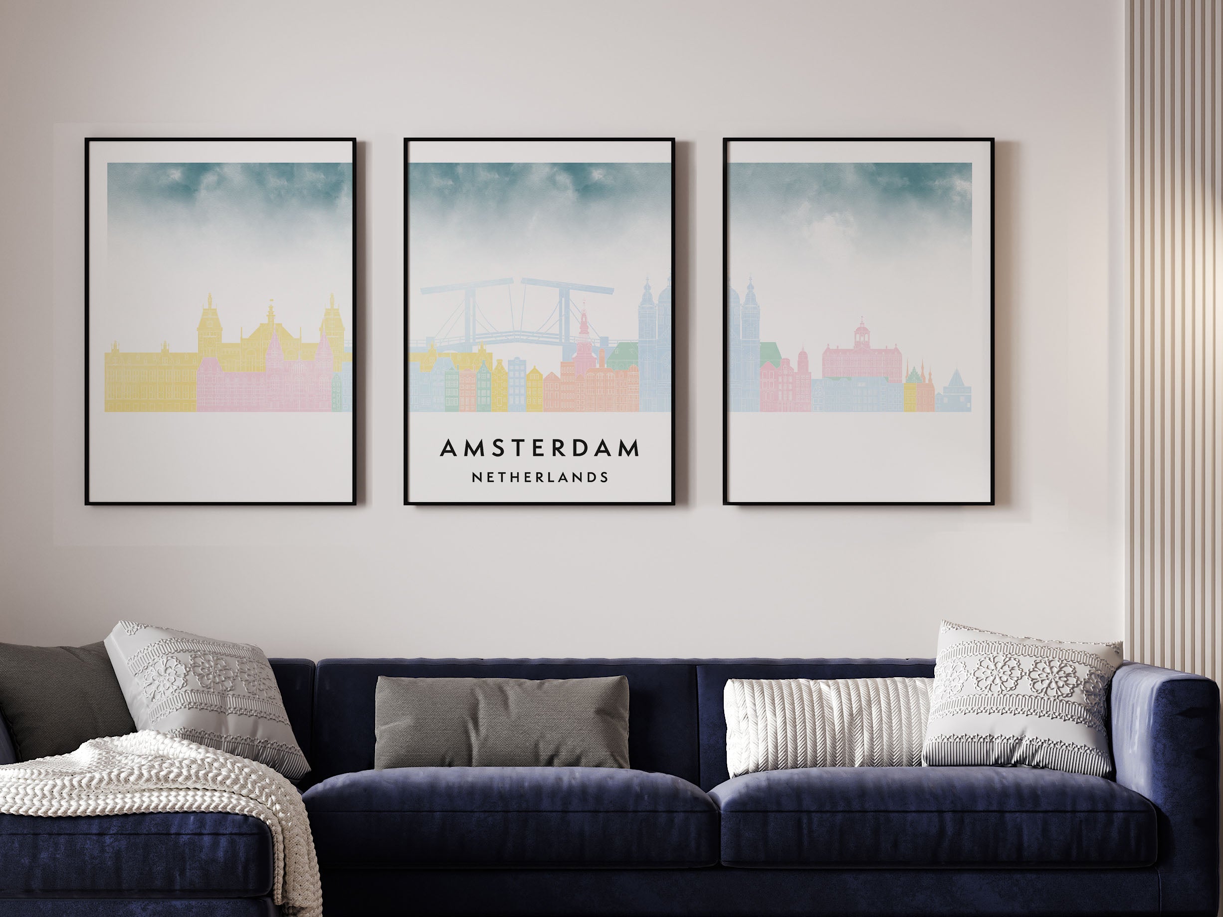 Amsterdam Silhouette Triptych in Watercolor Style, Amsterdam Skyline Poster, Amsterdam Set of 3 Posters, Watercolor style