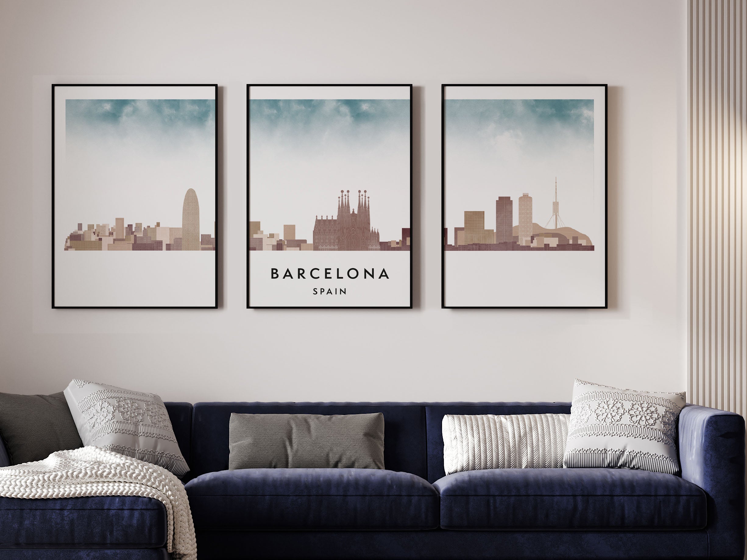 Barcelona Silhouette Triptych in Watercolor Style, Barcelona Skyline Poster, Barcelona Set of 3 Posters, Watercolor style