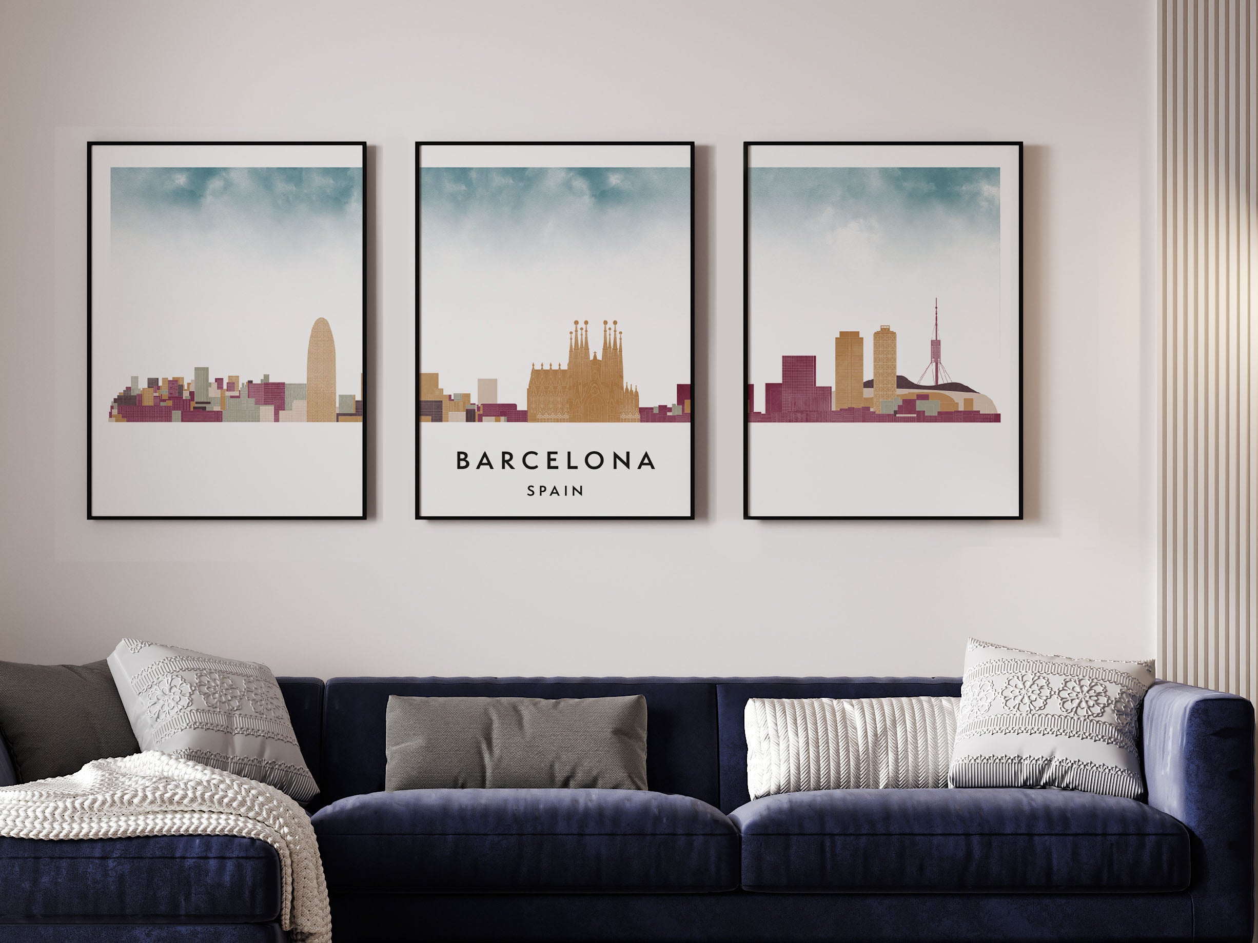 Barcelona Silhouette Triptych in Watercolor Style, Barcelona Skyline Poster, Barcelona Set of 3 Posters, Watercolor style
