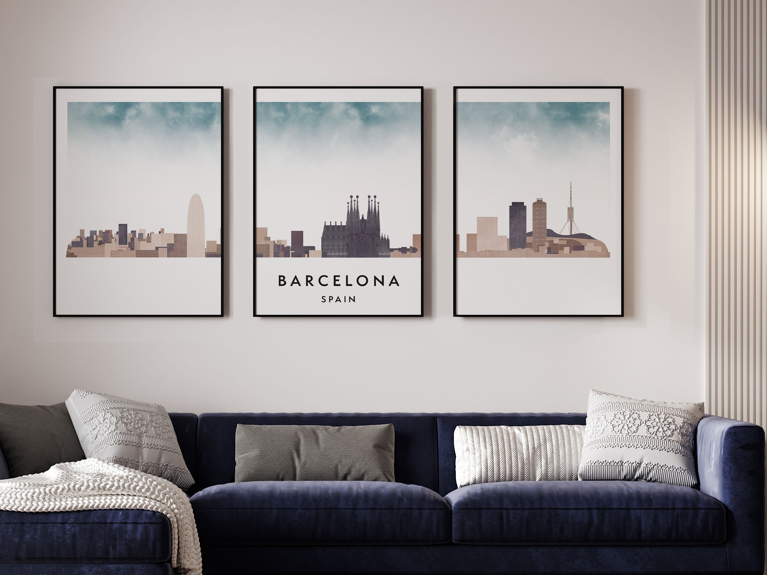Barcelona Silhouette Triptych in Watercolor Style, Barcelona Skyline Poster, Barcelona Set of 3 Posters, Watercolor style