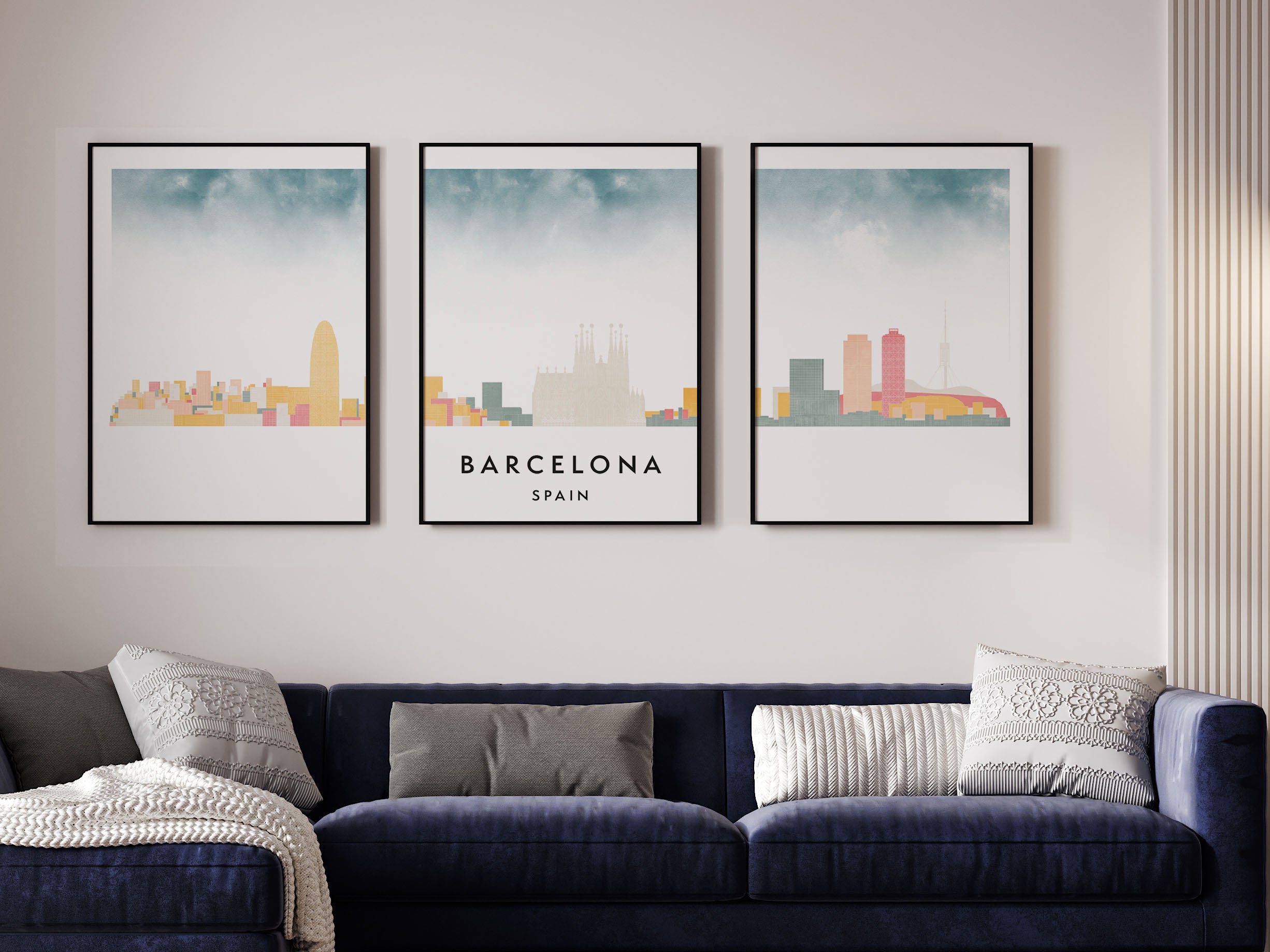 Barcelona Silhouette Triptych in Watercolor Style, Barcelona Skyline Poster, Barcelona Set of 3 Posters, Watercolor style