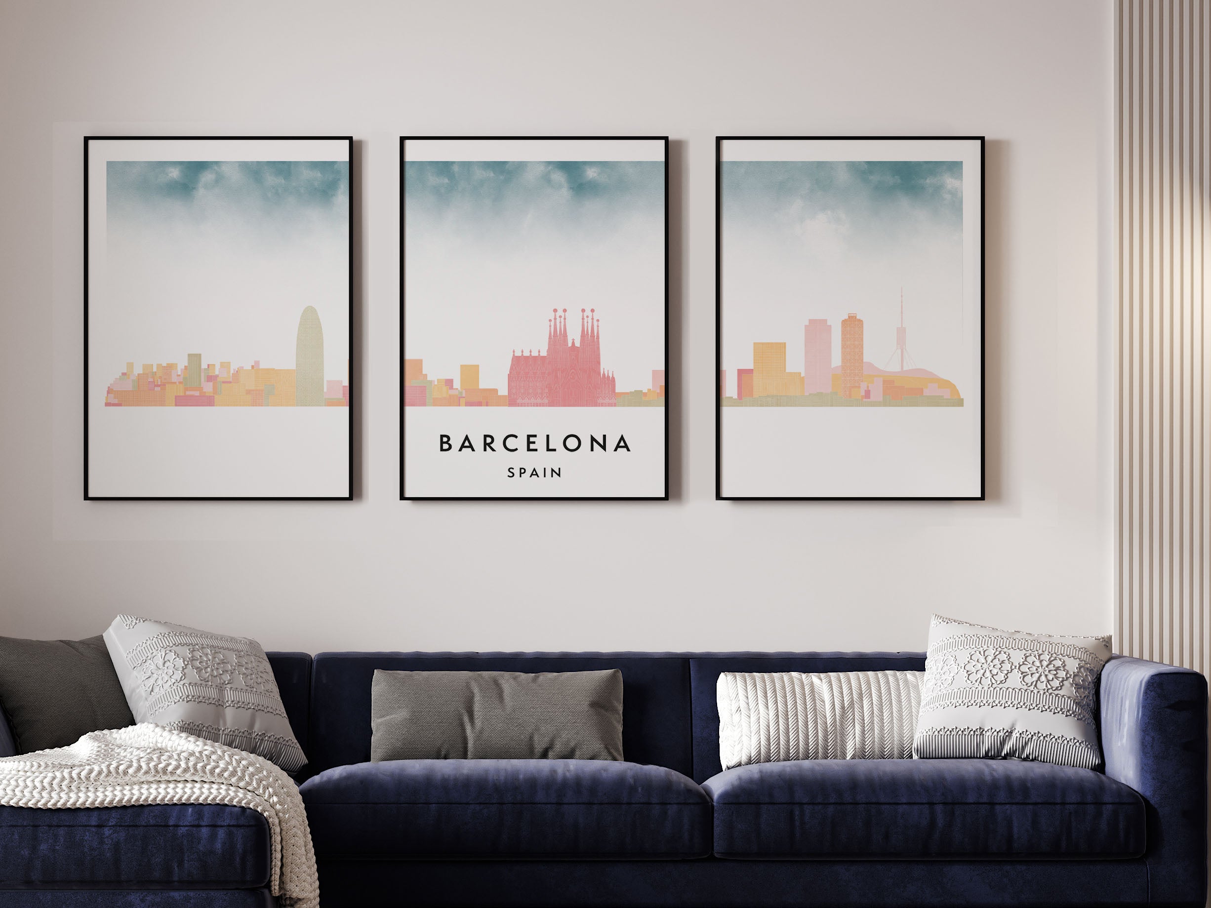 Barcelona Silhouette Triptych in Watercolor Style, Barcelona Skyline Poster, Barcelona Set of 3 Posters, Watercolor style