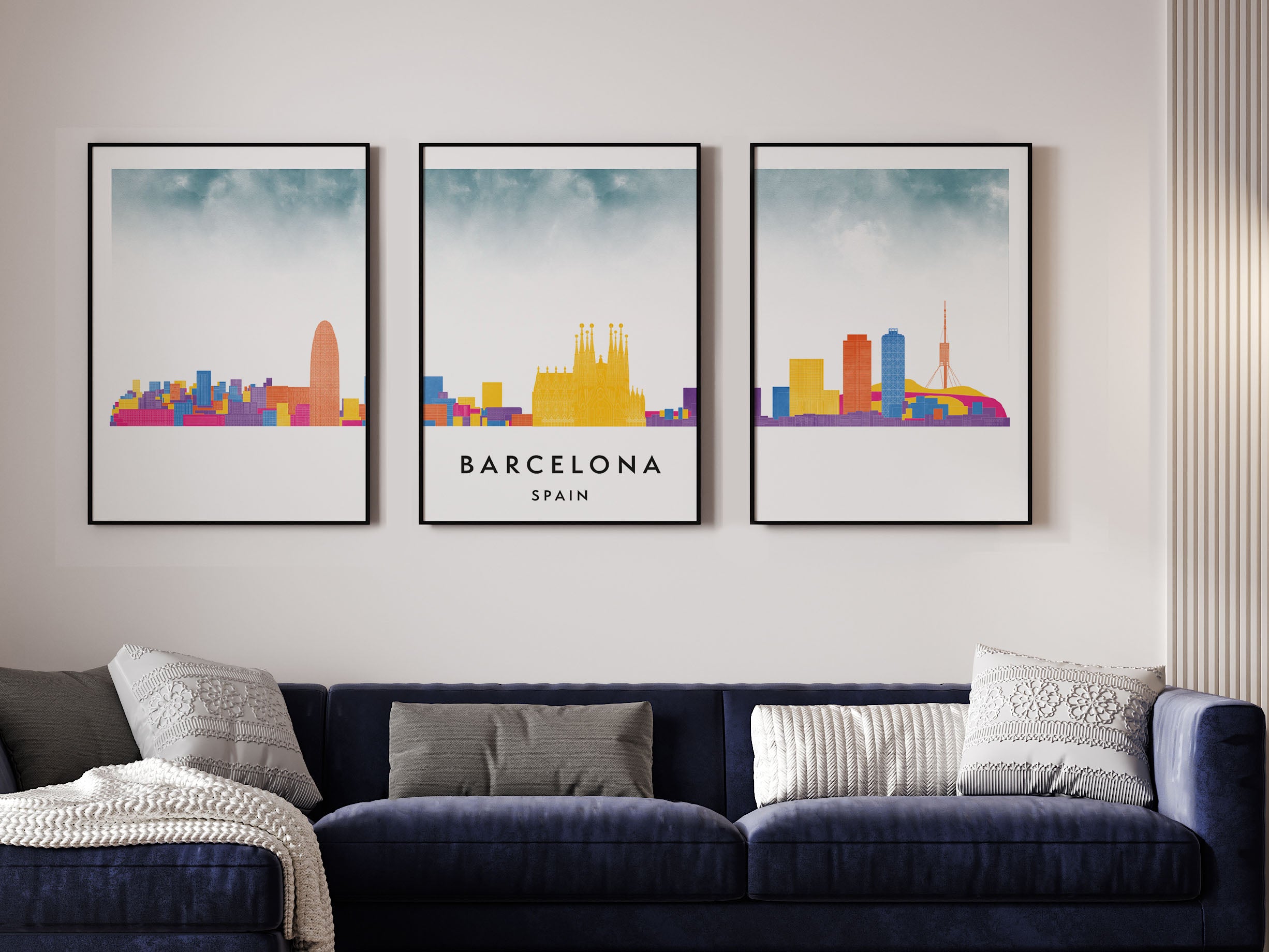 Barcelona Silhouette Triptych in Watercolor Style, Barcelona Skyline Poster, Barcelona Set of 3 Posters, Watercolor style