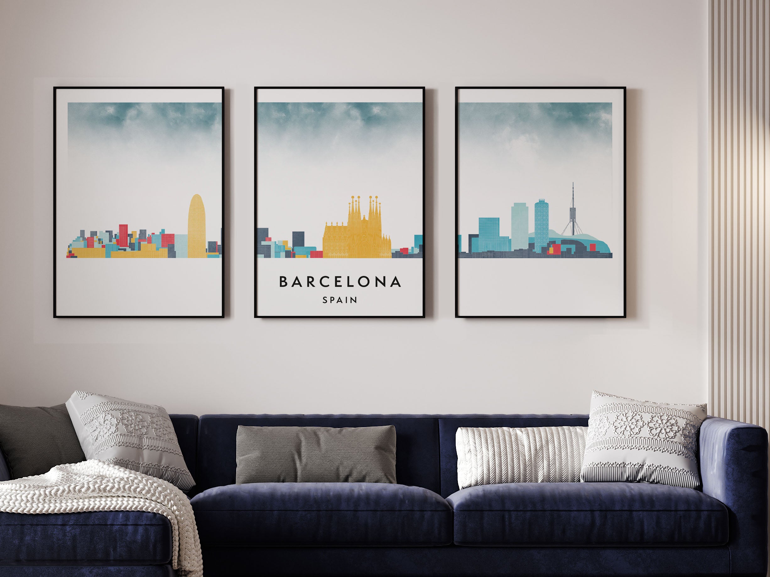Barcelona Silhouette Triptych in Watercolor Style, Barcelona Skyline Poster, Barcelona Set of 3 Posters, Watercolor style