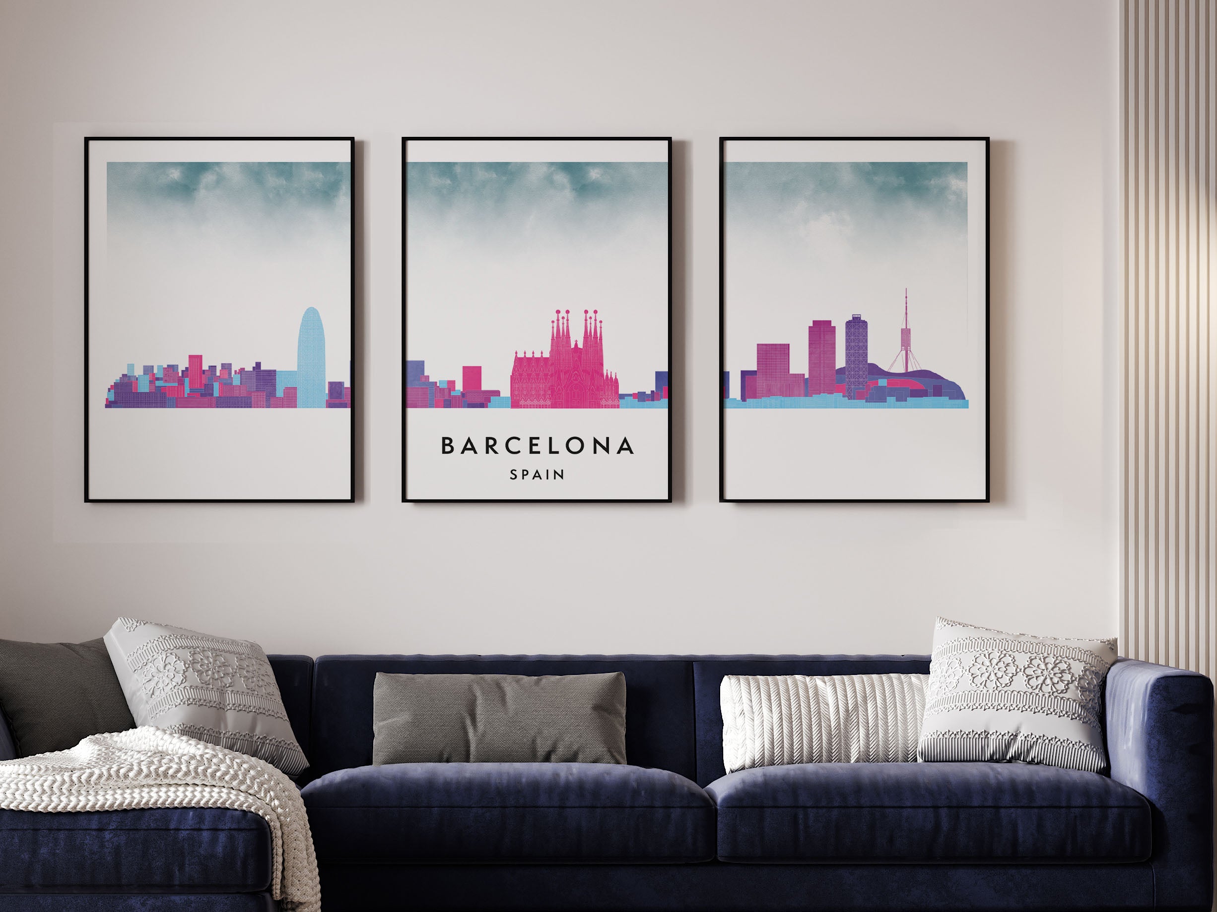Barcelona Silhouette Triptych in Watercolor Style, Barcelona Skyline Poster, Barcelona Set of 3 Posters