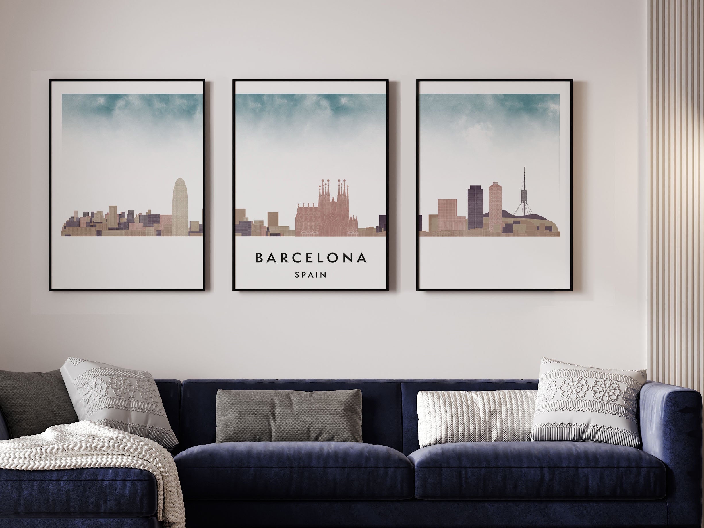Barcelona Silhouette Triptych in Watercolor Style, Barcelona Skyline Poster, Barcelona Set of 3 Posters, Watercolor style