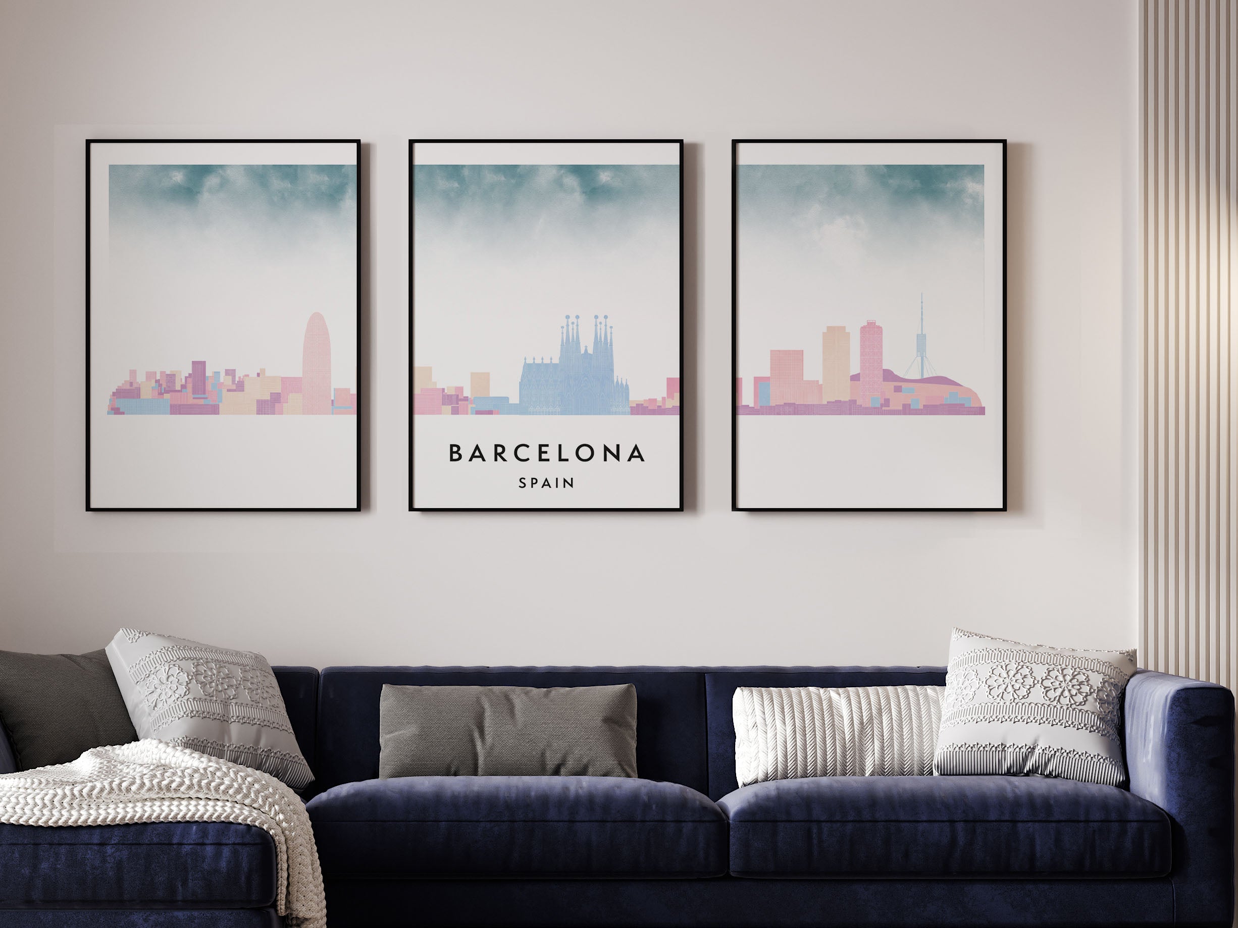 Barcelona Silhouette Triptych in Watercolor Style, Barcelona Skyline Poster, Barcelona Set of 3 Posters, Watercolor style