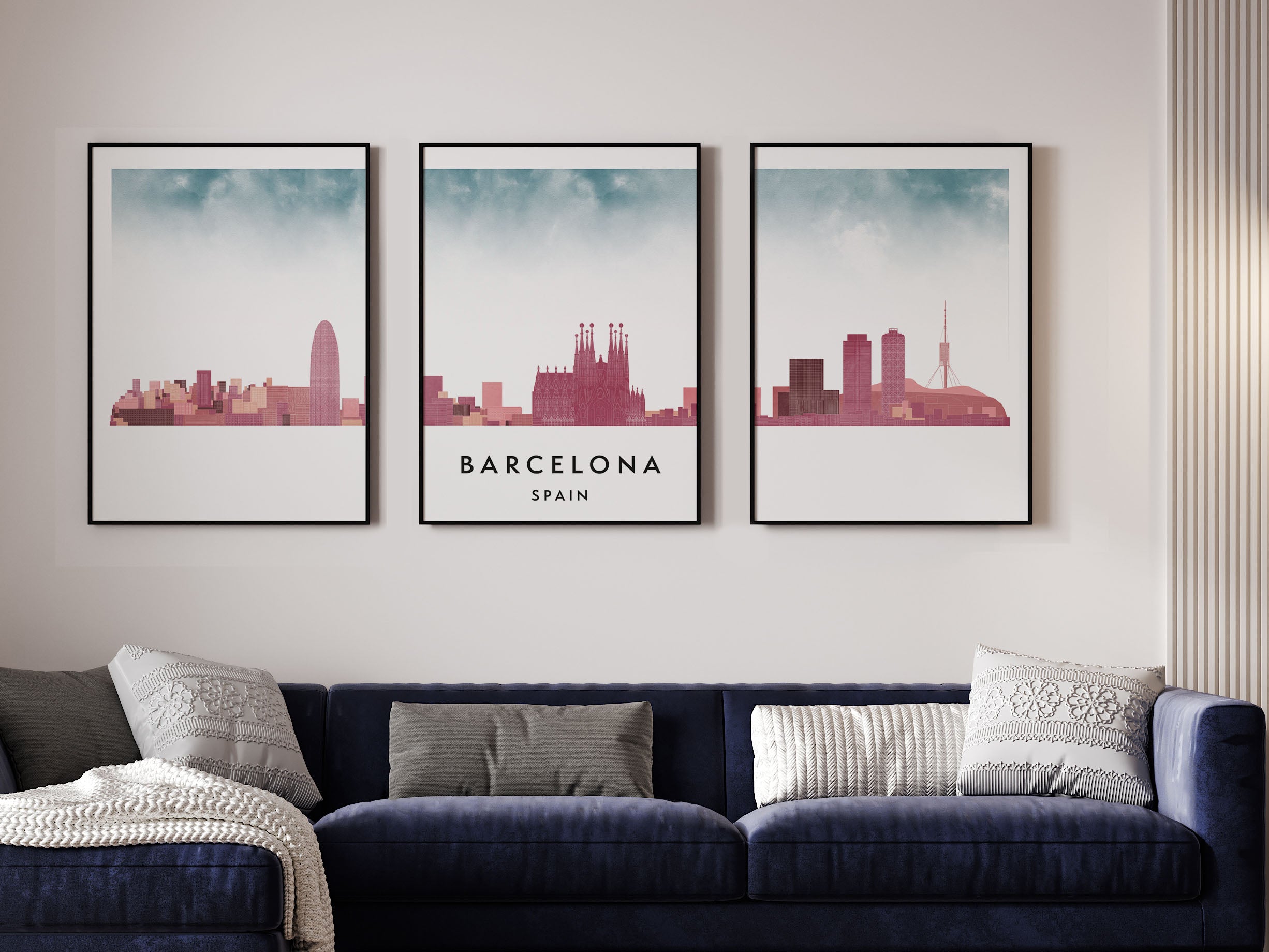 Barcelona Silhouette Triptych in Watercolor Style, Barcelona Skyline Poster, Barcelona Set of 3 Posters, Watercolor style