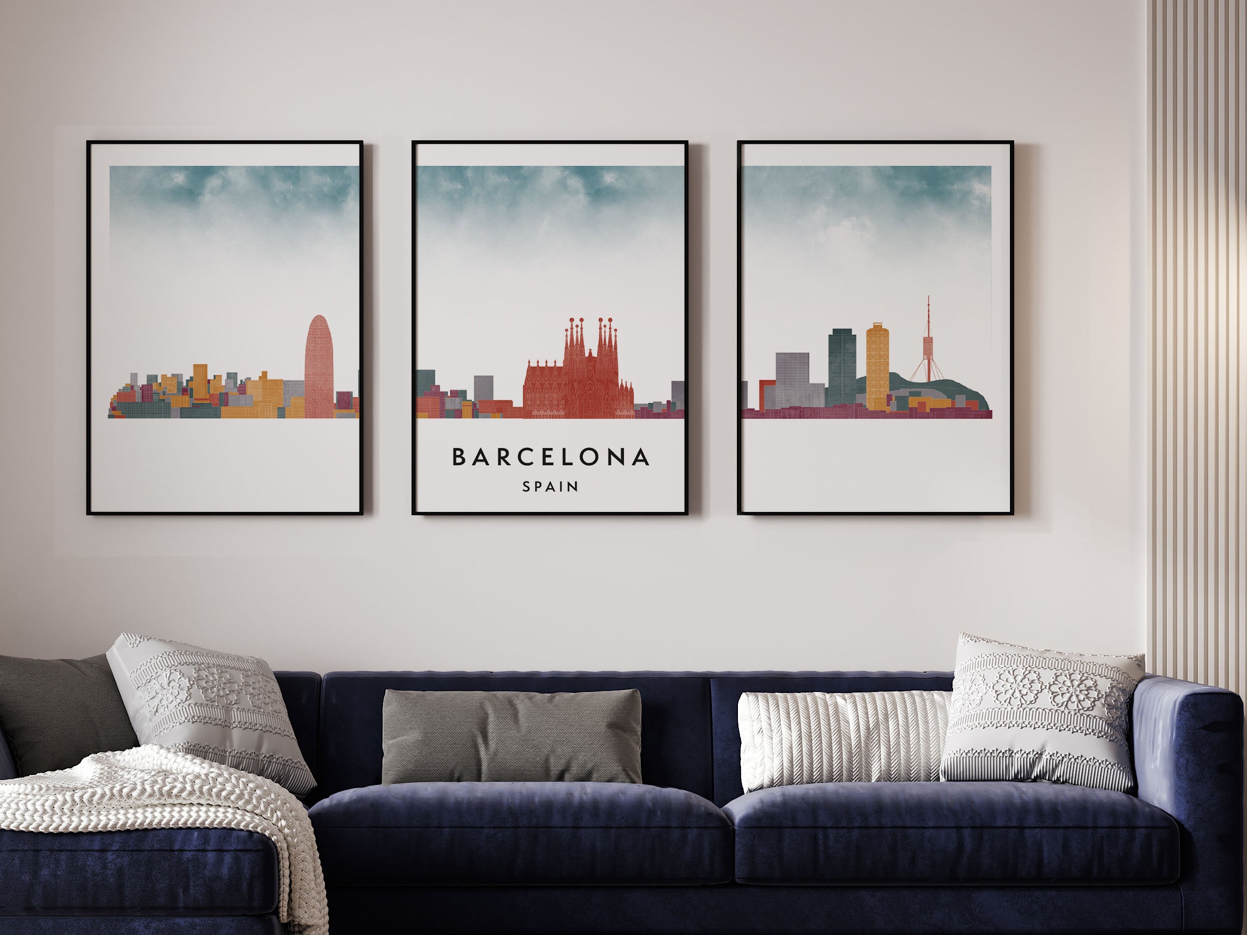 Barcelona Silhouette Triptych in Watercolor Style, Barcelona Skyline Poster, Barcelona Set of 3 Posters, Watercolor style