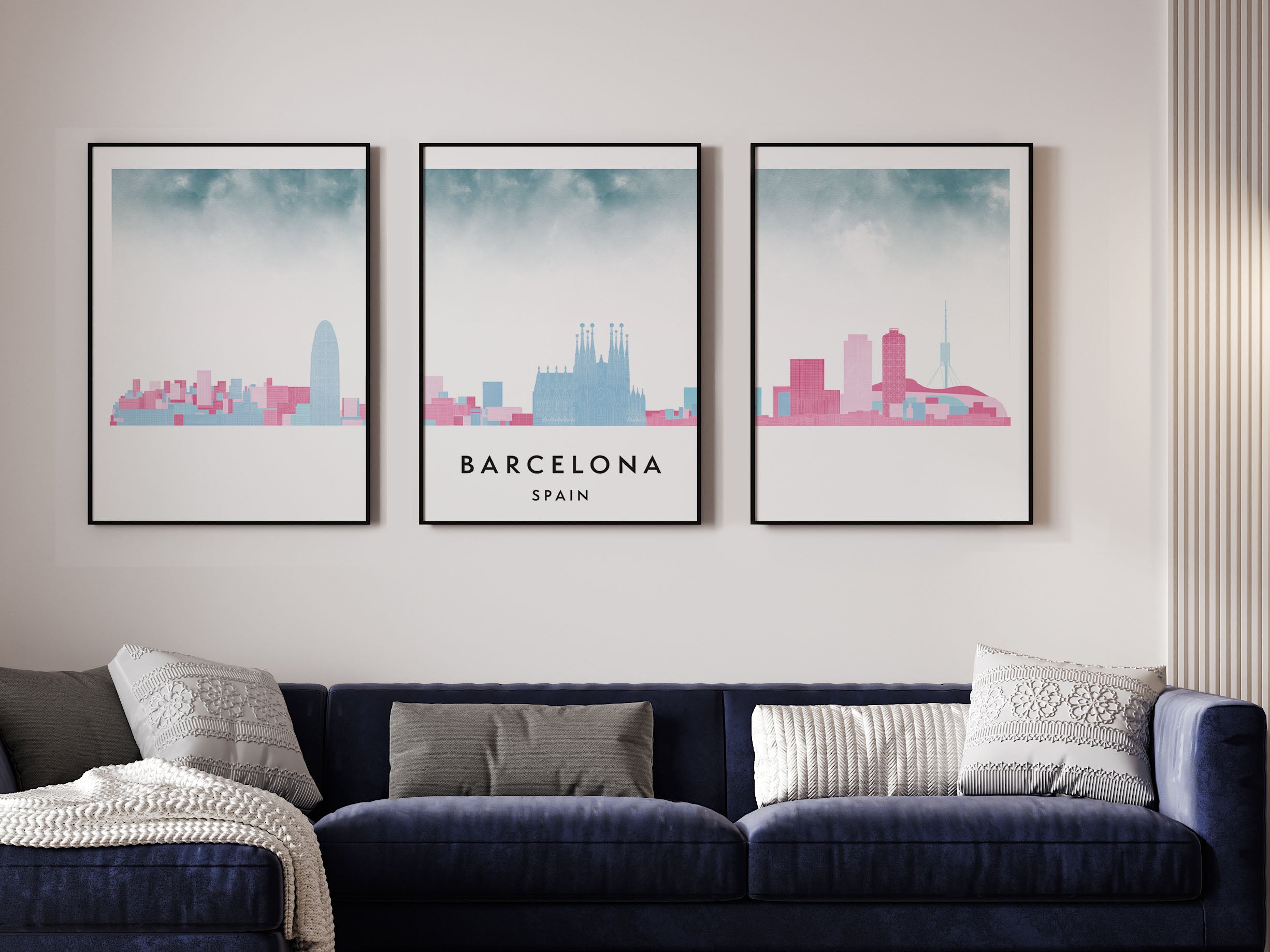 Barcelona Silhouette Triptych in Watercolor Style, Barcelona Skyline Poster, Barcelona Set of 3 Posters, Watercolor style