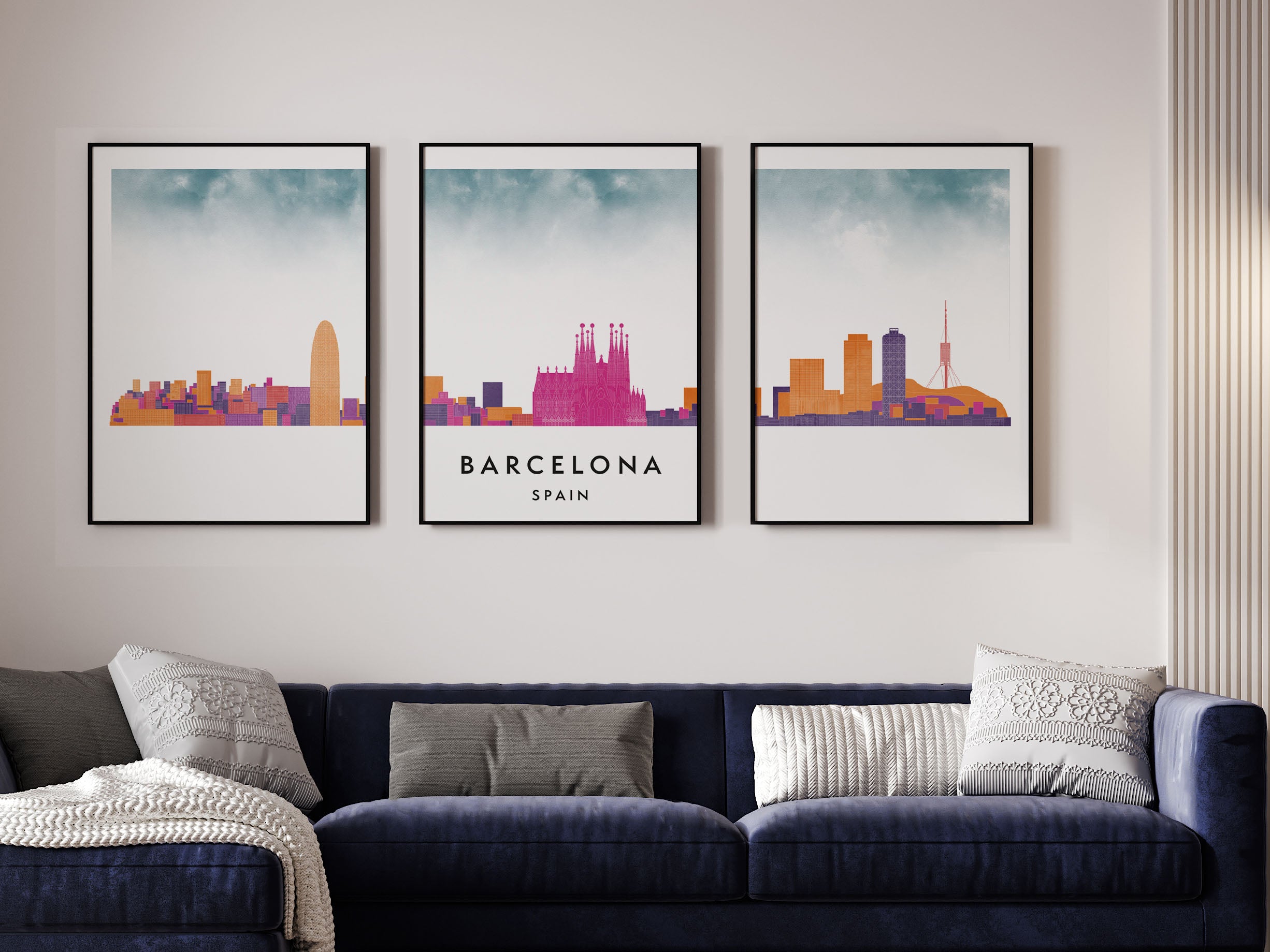 Barcelona Silhouette Triptych in Watercolor Style, Barcelona Skyline Poster, Barcelona Set of 3 Posters, Watercolor style