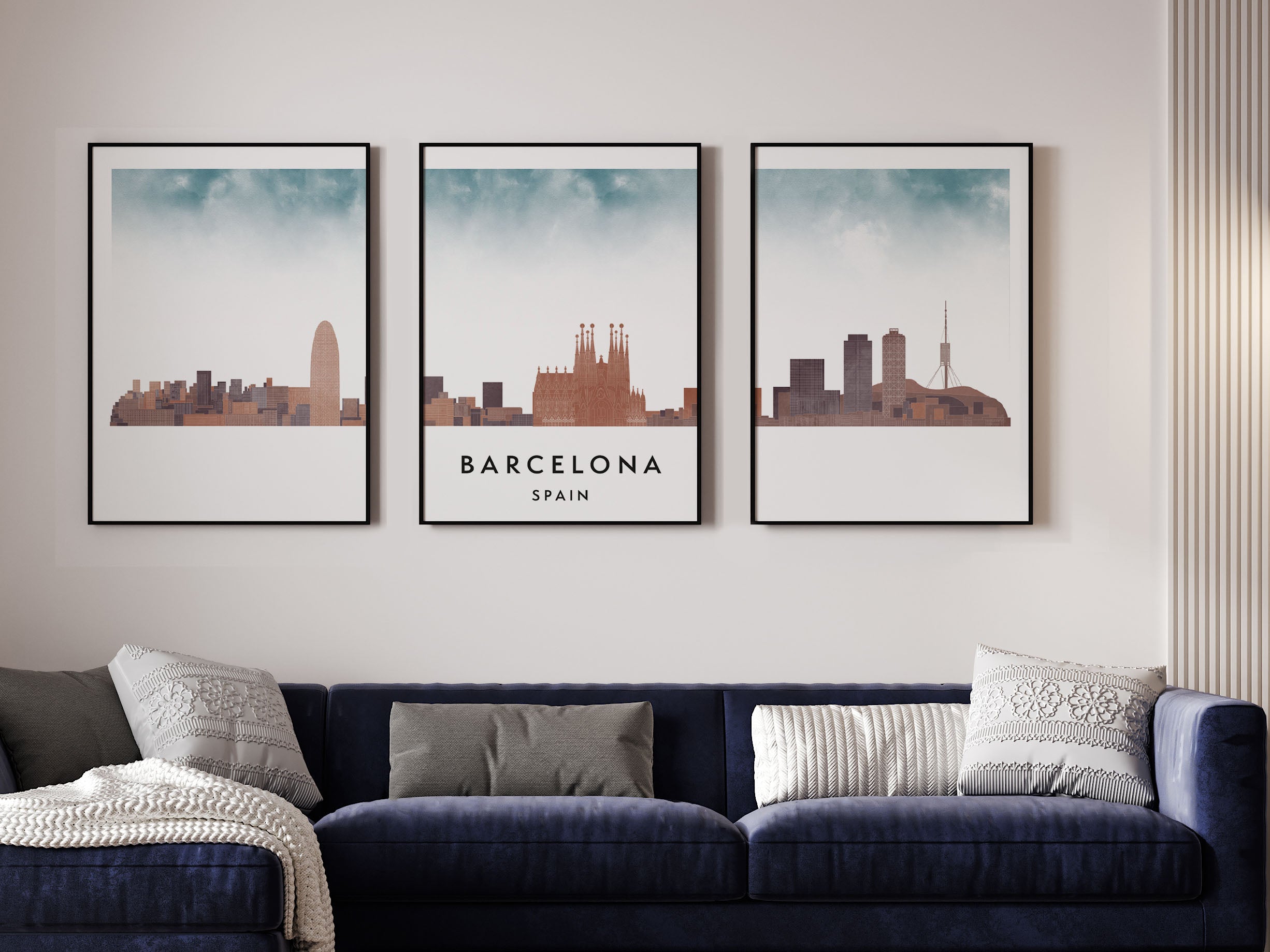 Barcelona Silhouette Triptych in Watercolor Style, Barcelona Skyline Poster, Barcelona Set of 3 Posters, Watercolor style