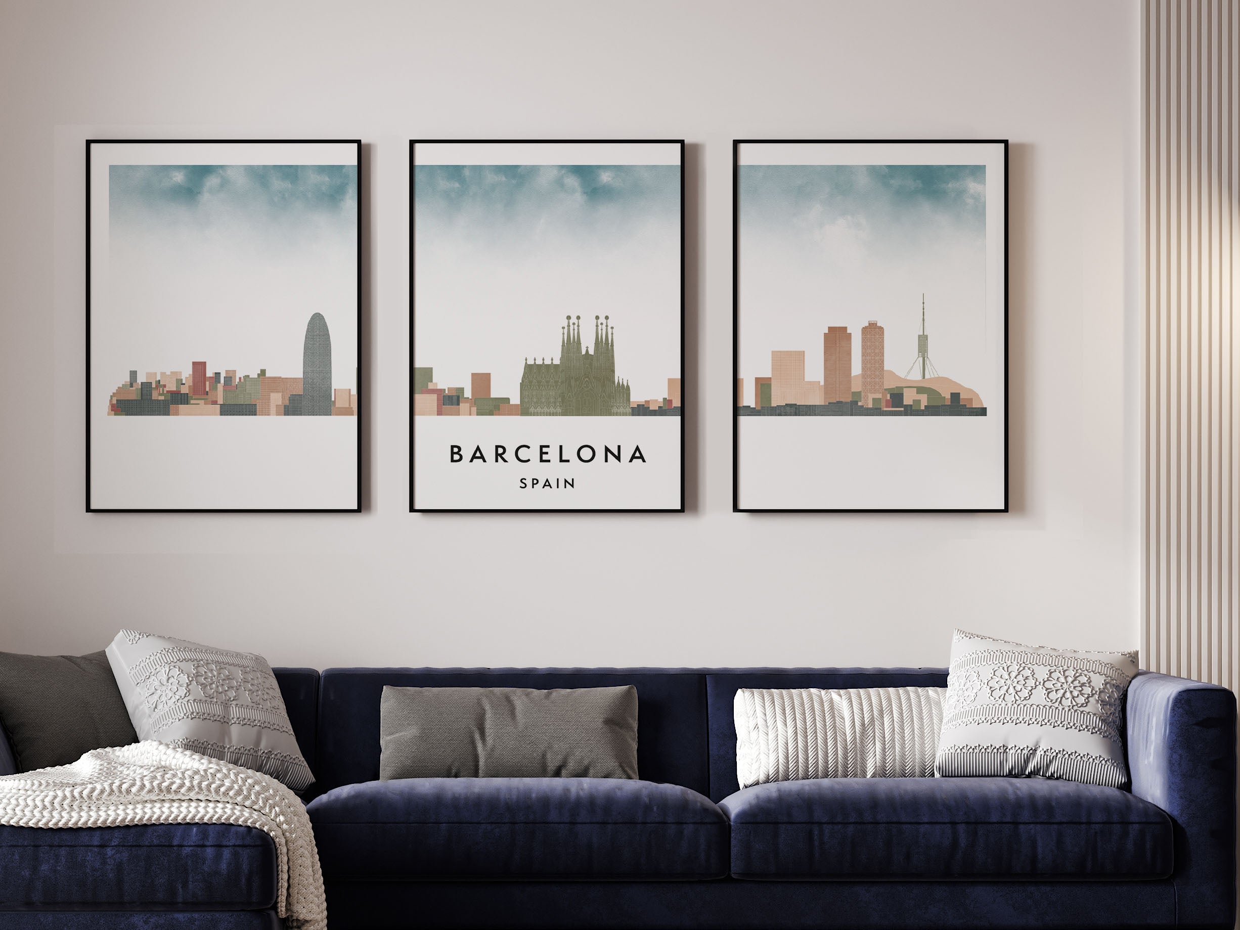 Barcelona Silhouette Triptych in Watercolor Style, Barcelona Skyline Poster, Barcelona Set of 3 Posters, Watercolor style