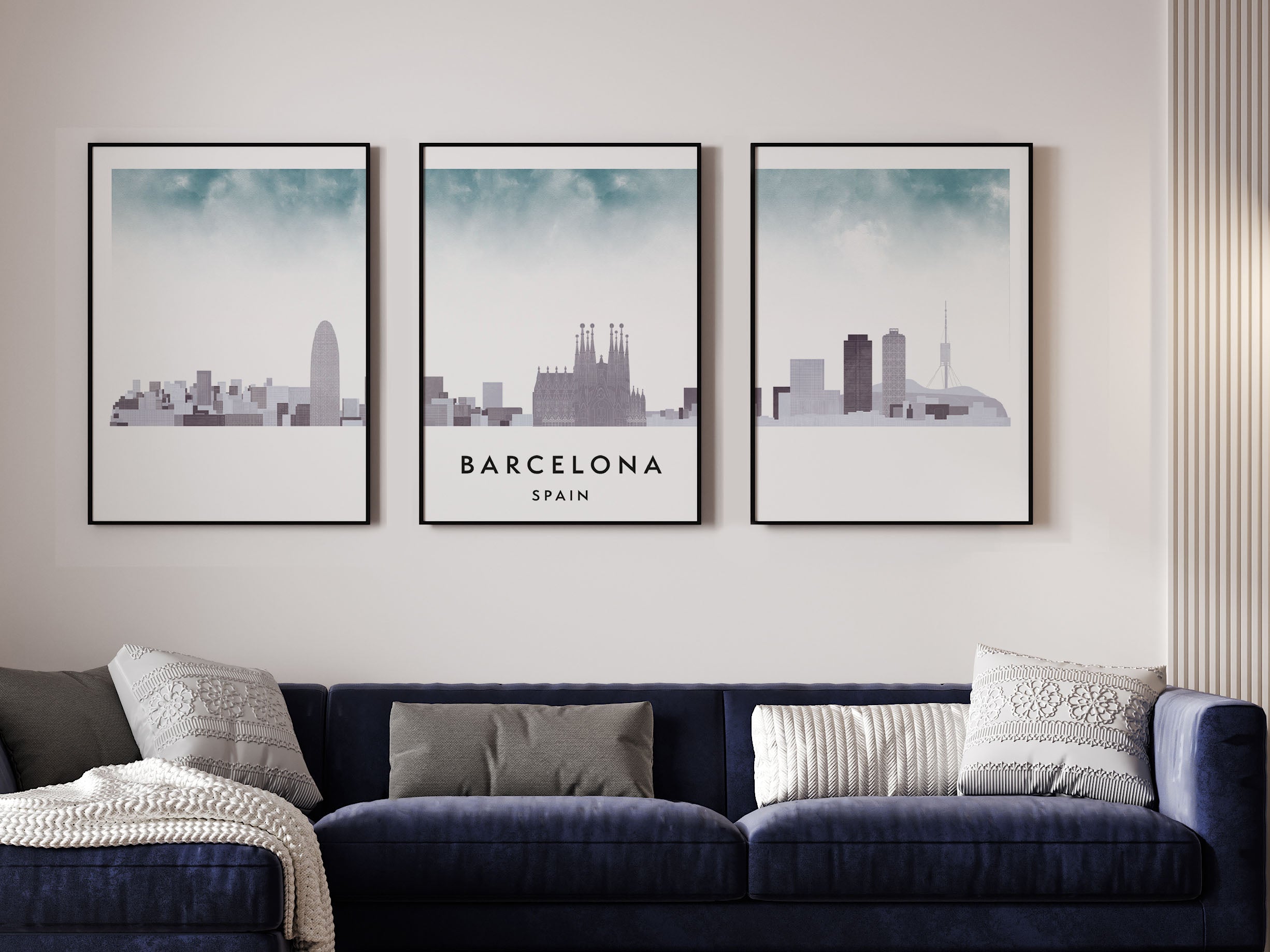 Barcelona Silhouette Triptych in Watercolor Style, Barcelona Skyline Poster, Barcelona Set of 3 Posters, Watercolor style