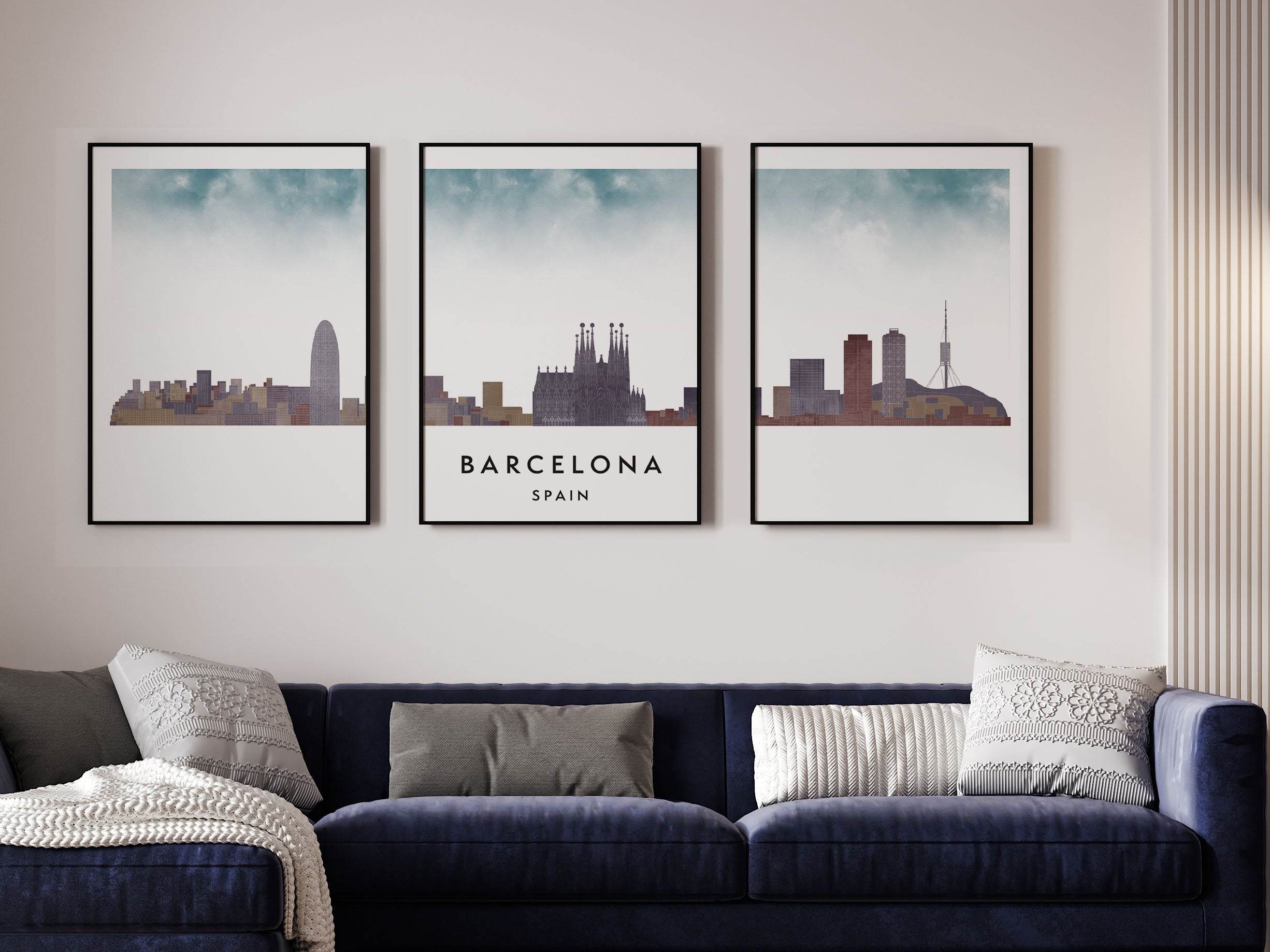 Barcelona Silhouette Triptych in Watercolor Style, Barcelona Skyline Poster, Barcelona Set of 3 Posters, Watercolor style