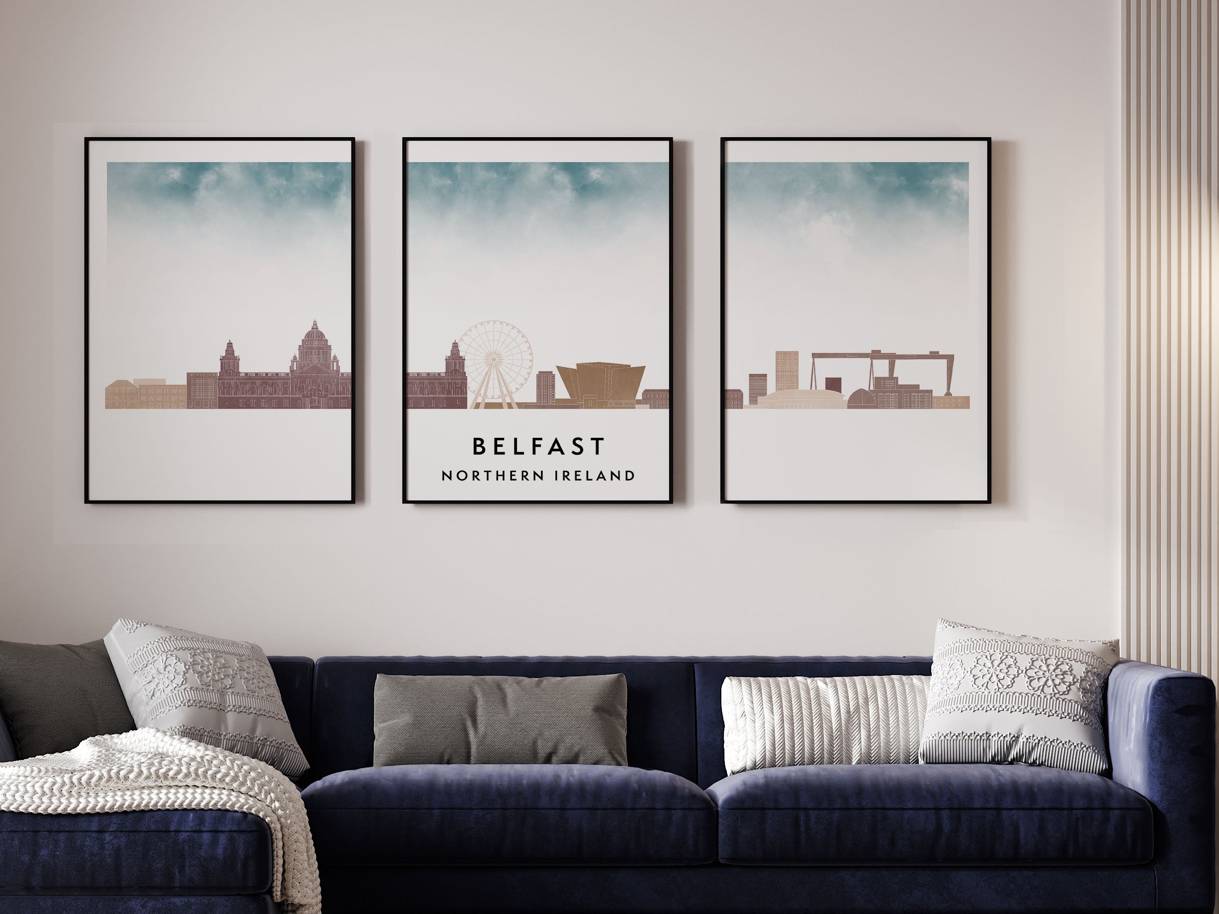 Belfast Silhouette Triptych in Watercolor Style, Belfast Skyline Poster, Belfast Set of 3 Posters, Watercolor style