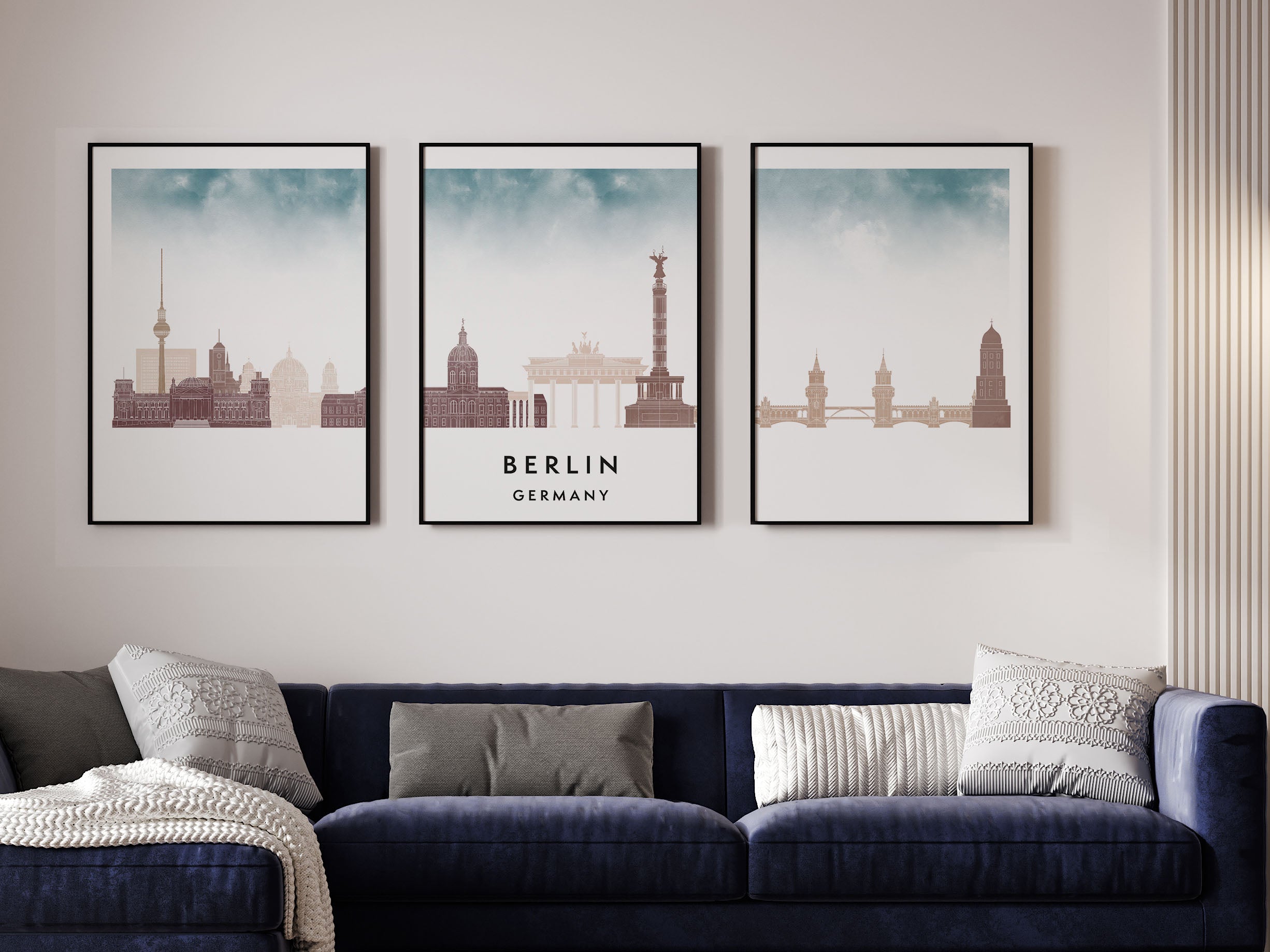 Berlin Silhouette Triptych in Watercolor Style, Berlin Skyline Poster, Berlin Set of 3 Posters, Watercolor style