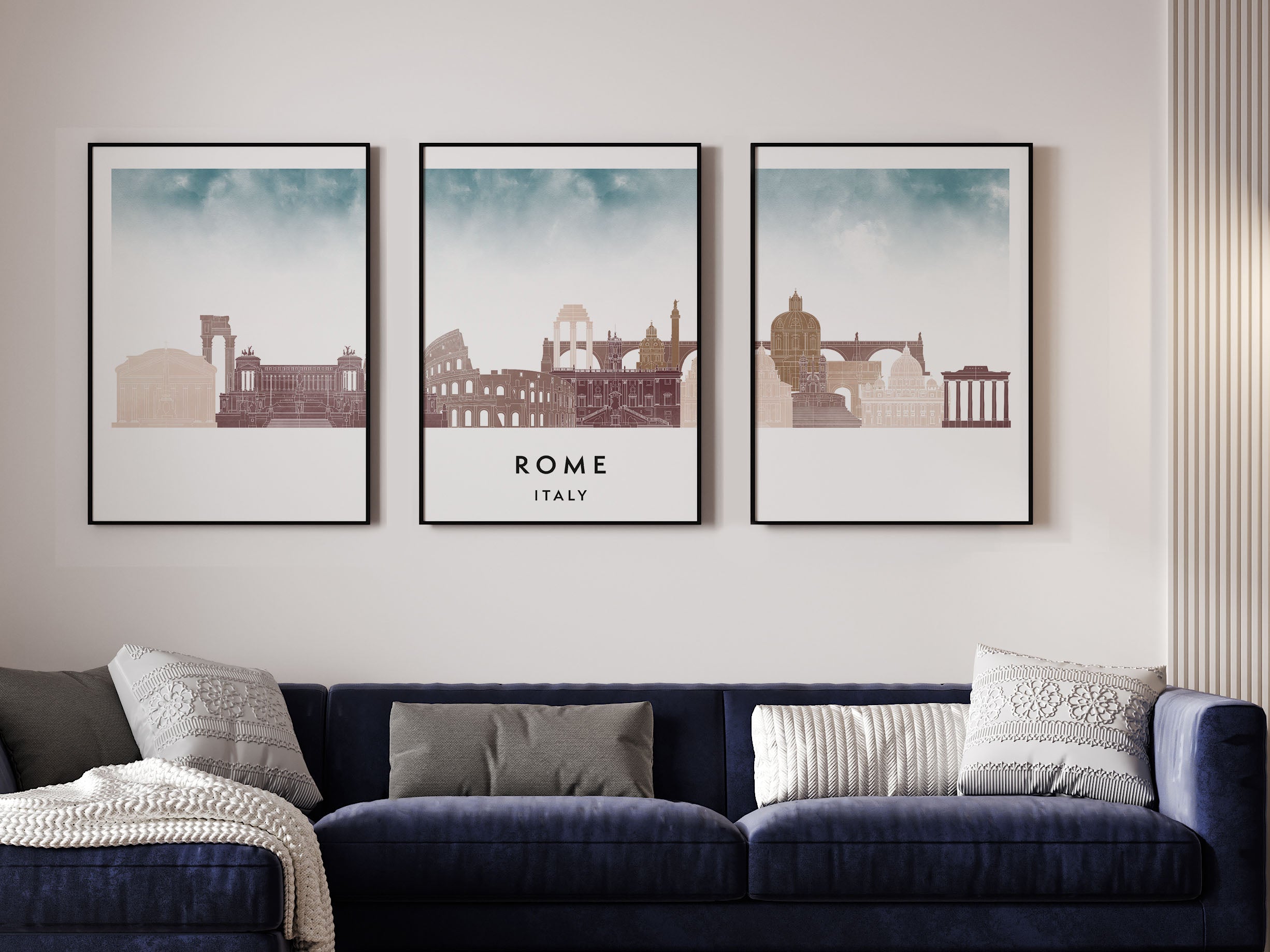 Rome Silhouette Triptych in Watercolor Style, Rome Skyline Poster, Rome Set of 3 Posters, Watercolor style