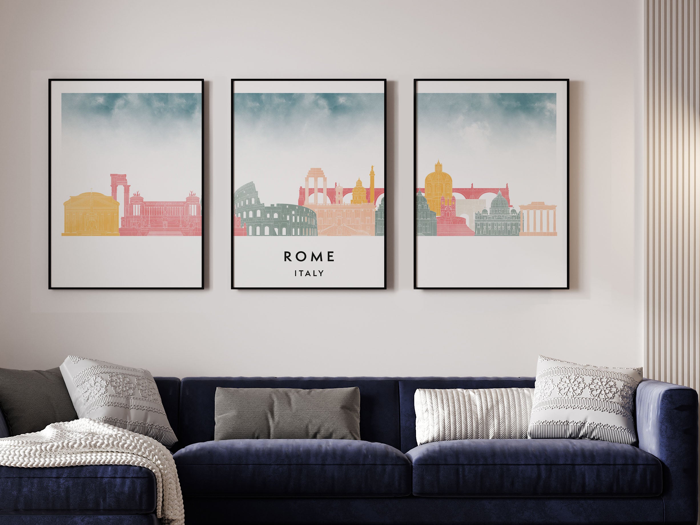 Rome Silhouette Triptych in Watercolor Style, Rome Skyline Poster, Rome Set of 3 Posters, Watercolor style