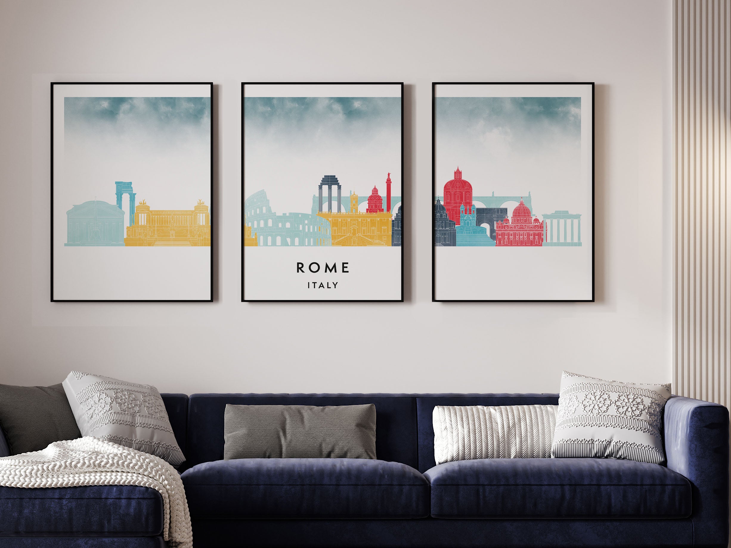 Rome Silhouette Triptych in Watercolor Style, Rome Skyline Poster, Rome Set of 3 Posters, Watercolor style