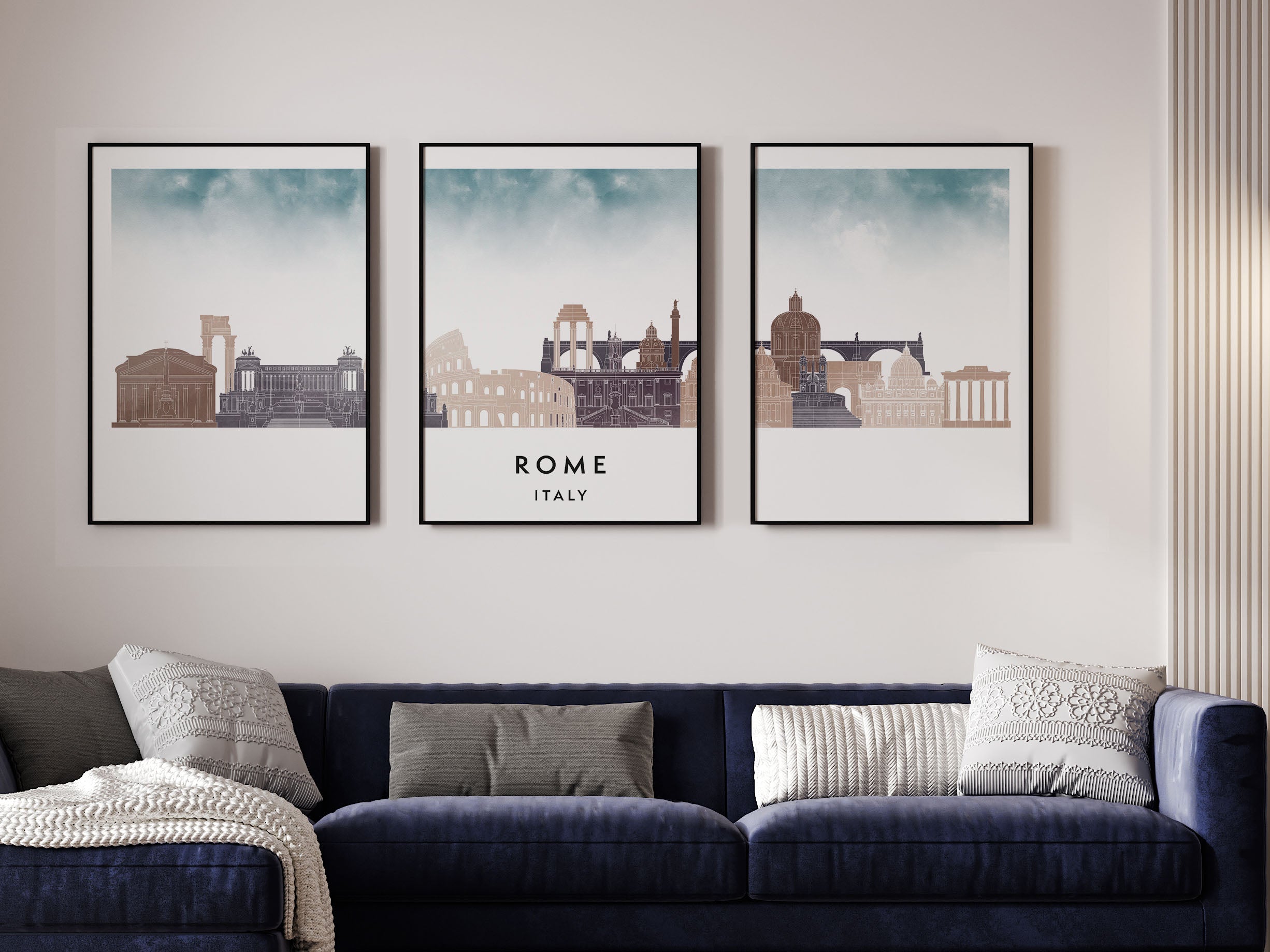 Rome Silhouette Triptych in Watercolor Style, Rome Skyline Poster, Rome Set of 3 Posters, Watercolor style
