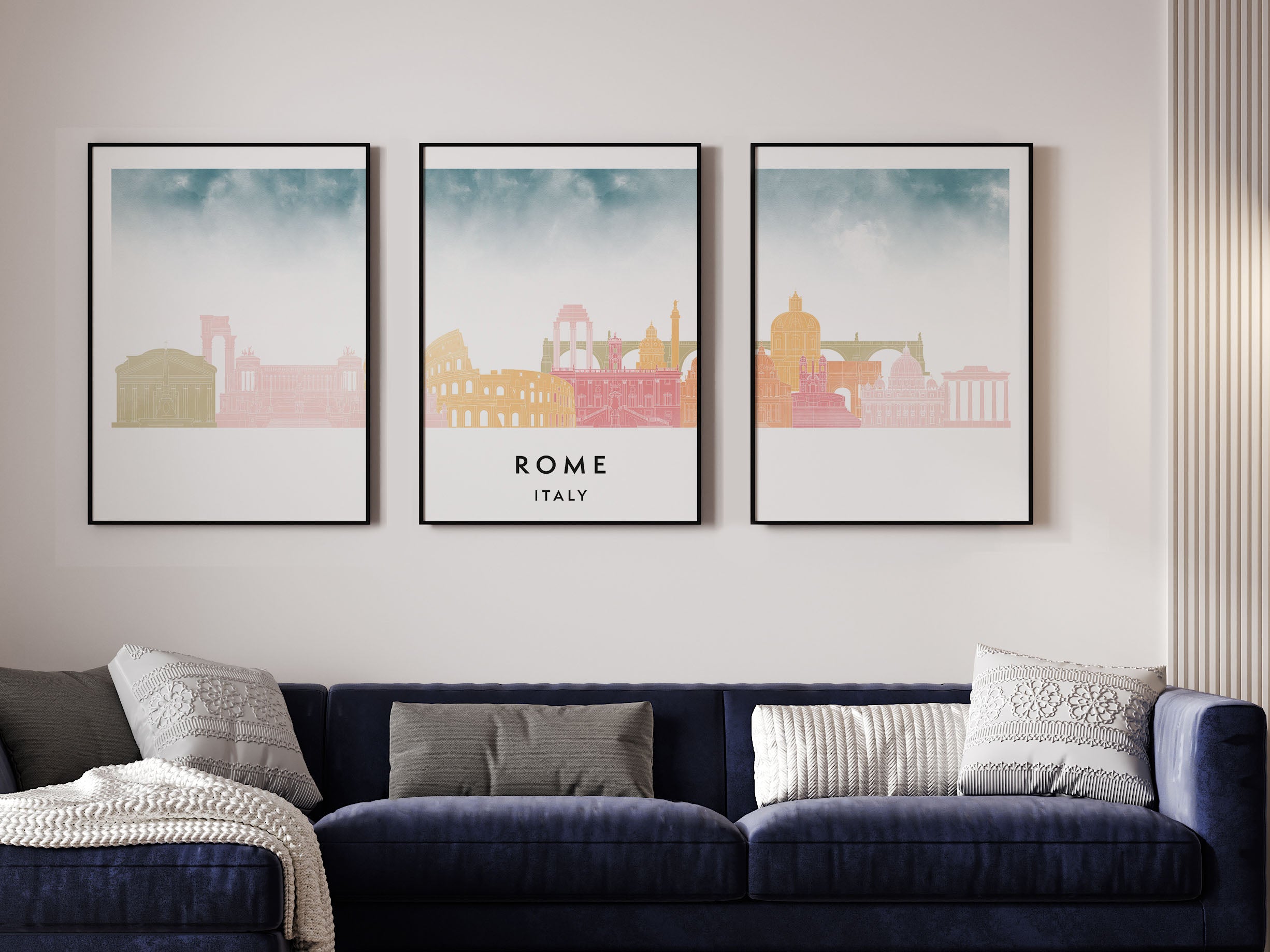 Rome Silhouette Triptych in Watercolor Style, Rome Skyline Poster, Rome Set of 3 Posters, Watercolor style