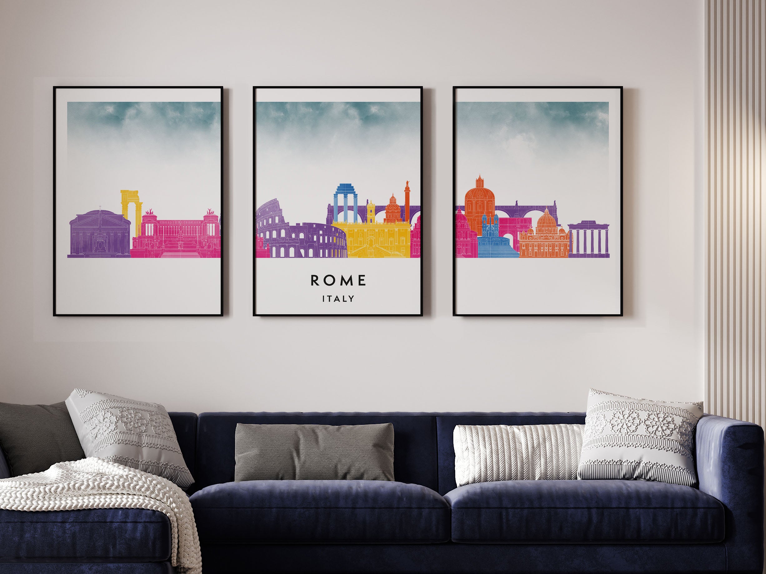 Rome Silhouette Triptych in Watercolor Style, Rome Skyline Poster, Rome Set of 3 Posters, Watercolor style