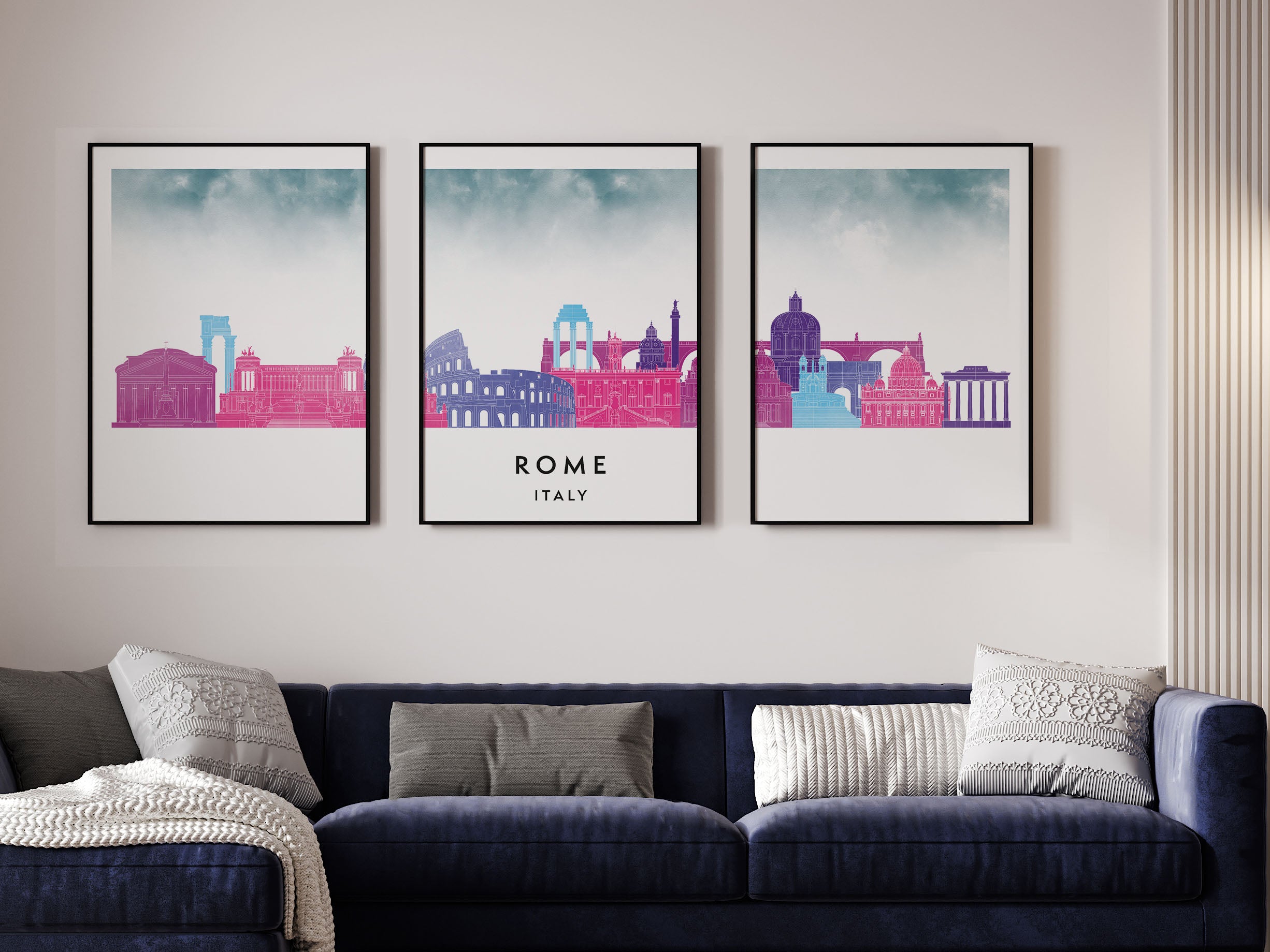 Rome Silhouette Triptych in Watercolor Style, Rome Skyline Poster, Rome Set of 3 Posters