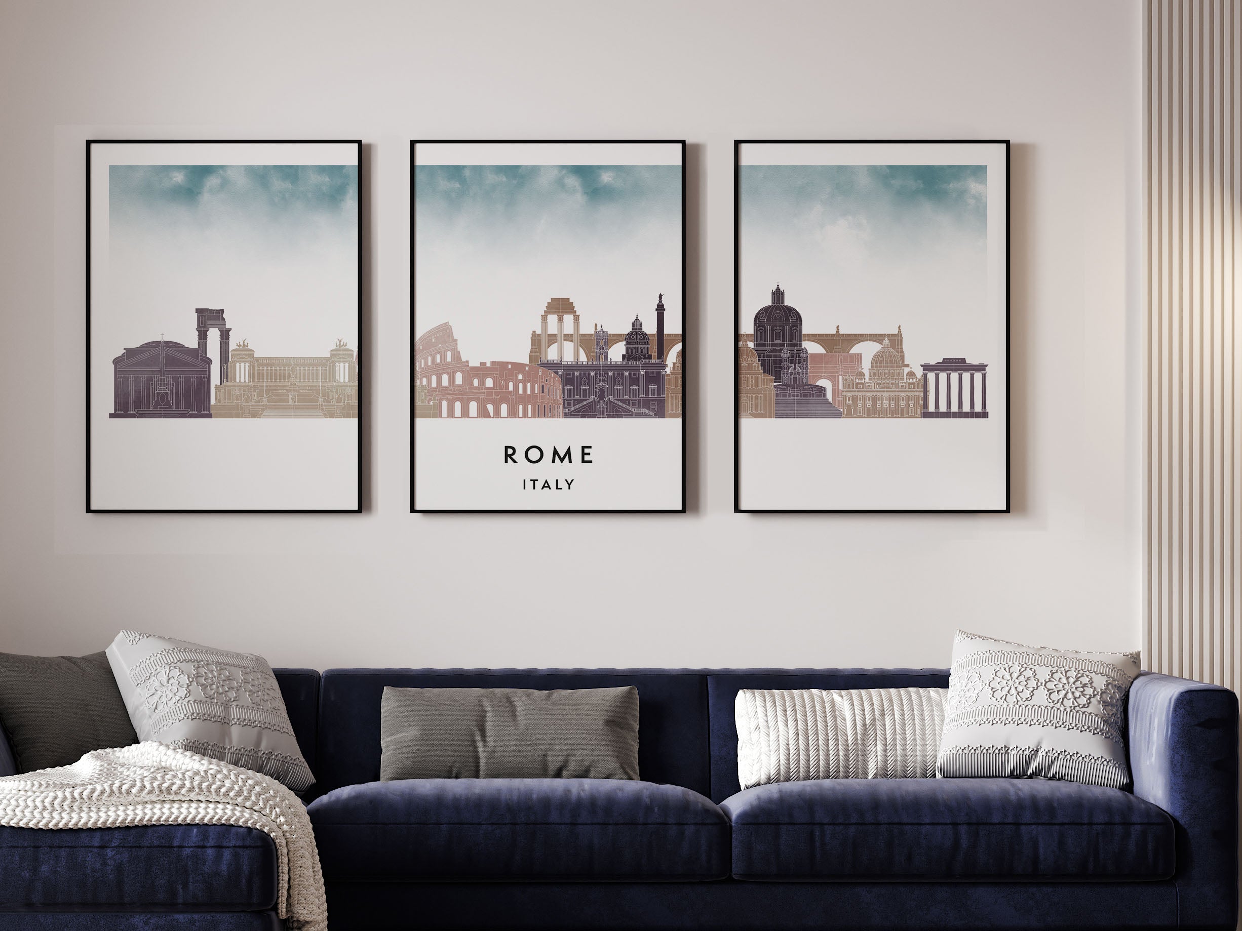 Rome Silhouette Triptych in Watercolor Style, Rome Skyline Poster, Rome Set of 3 Posters, Watercolor style