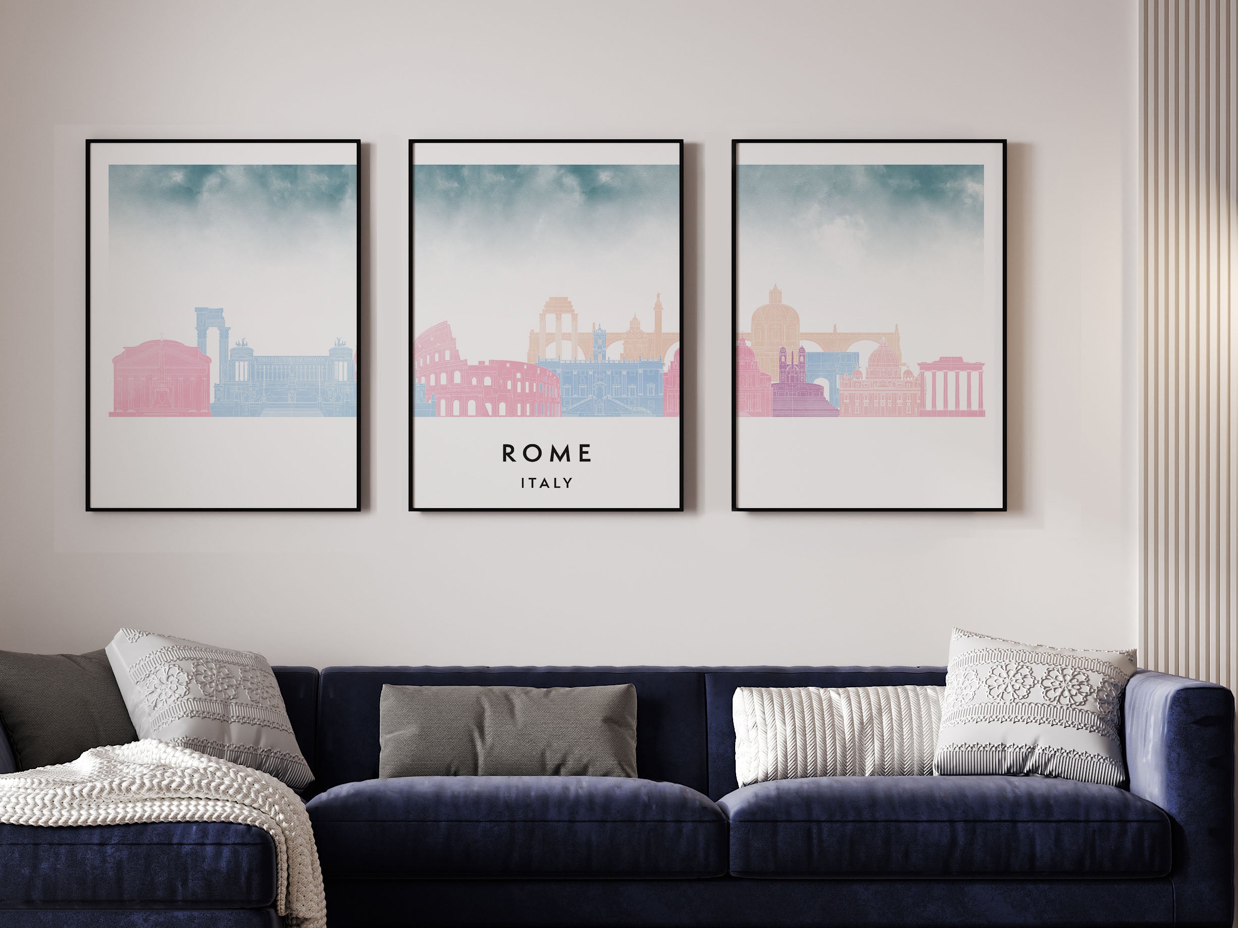 Rome Silhouette Triptych in Watercolor Style, Rome Skyline Poster, Rome Set of 3 Posters, Watercolor style