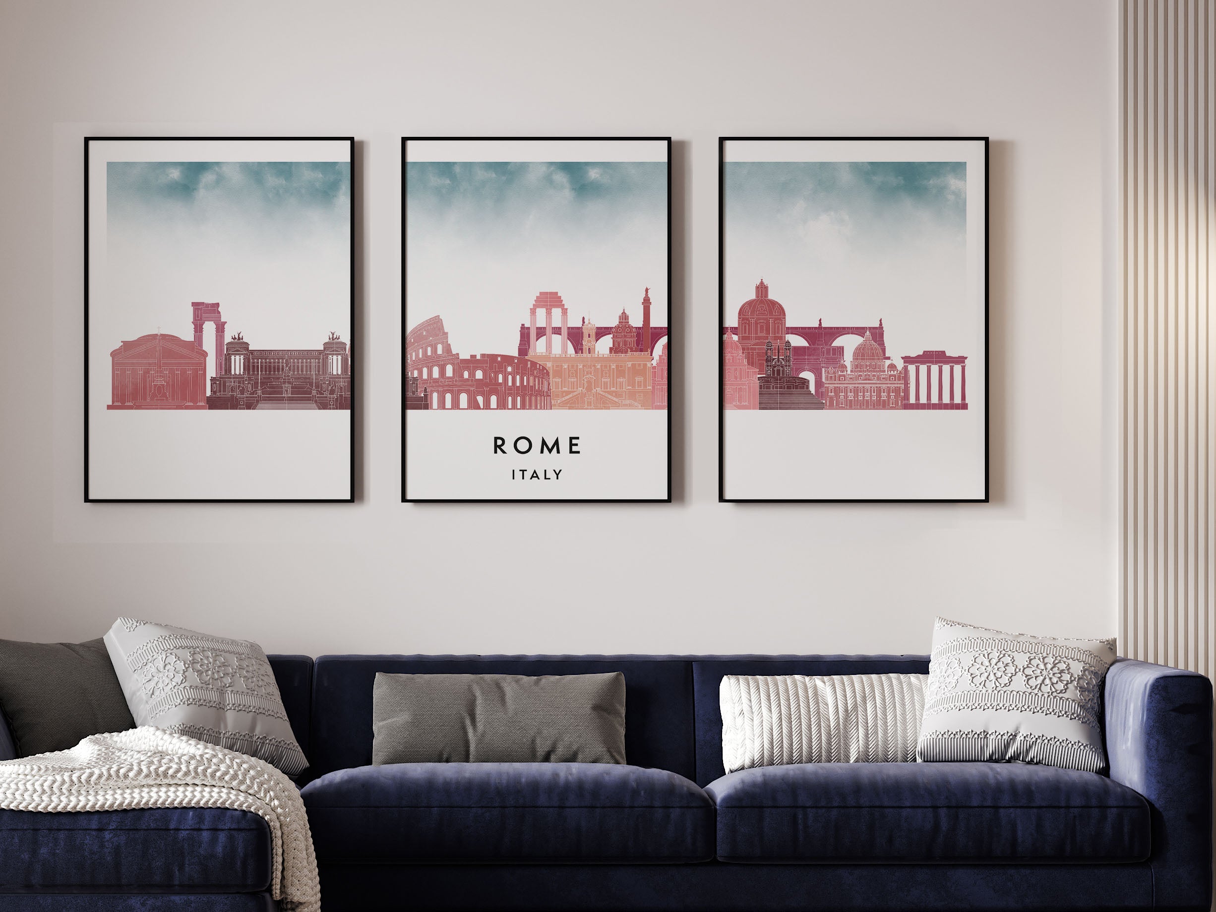 Rome Silhouette Triptych in Watercolor Style, Rome Skyline Poster, Rome Set of 3 Posters, Watercolor style