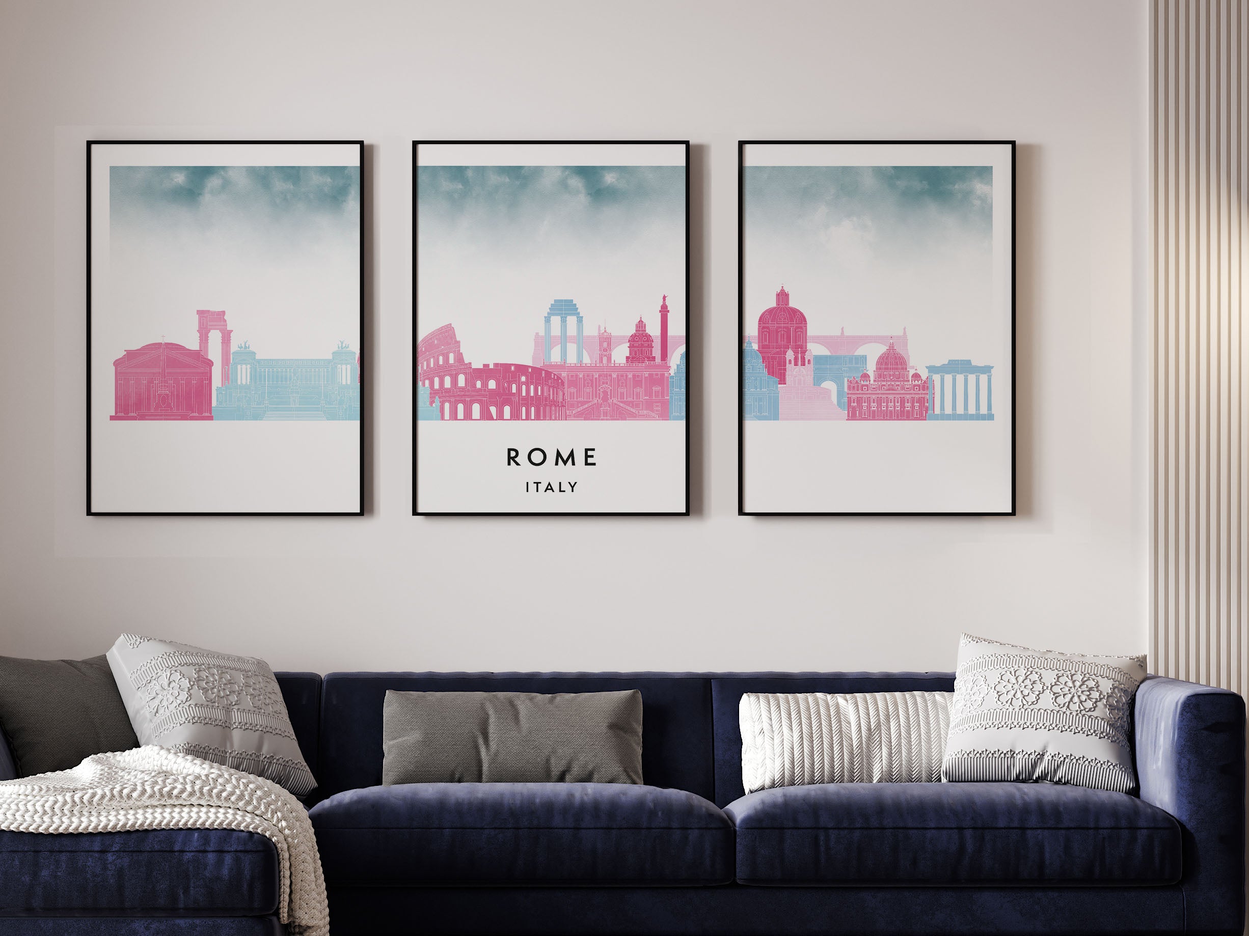 Rome Silhouette Triptych in Watercolor Style, Rome Skyline Poster, Rome Set of 3 Posters, Watercolor style